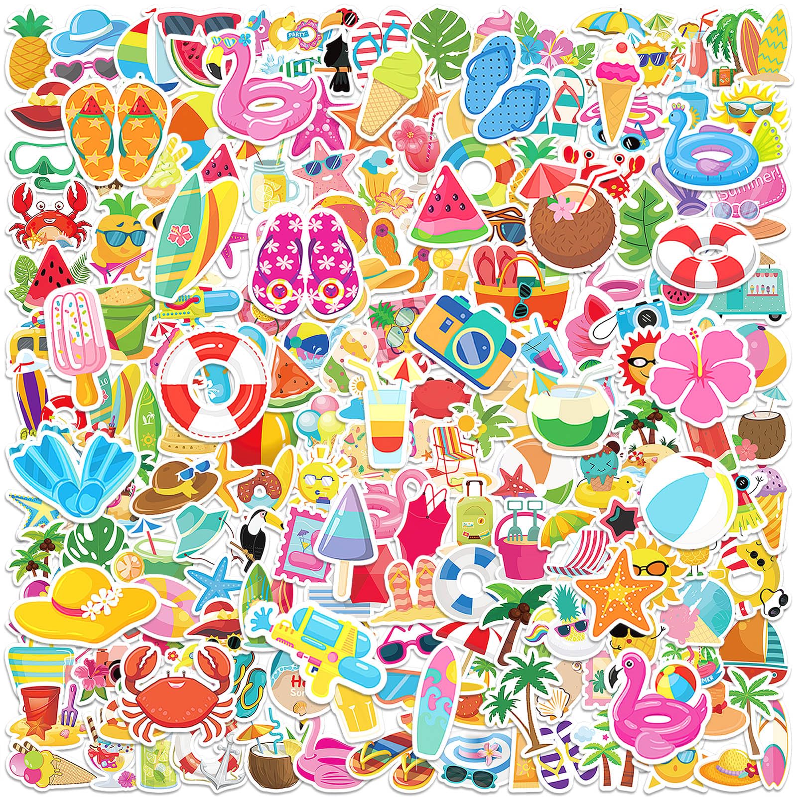 JULBEAR 200 Pcs Summer Beach Stickers for Kids, Waterproof Cute Hawaiian Tropical Water Bottle Stickers for Laptops Skateboards Scrapbooks Children