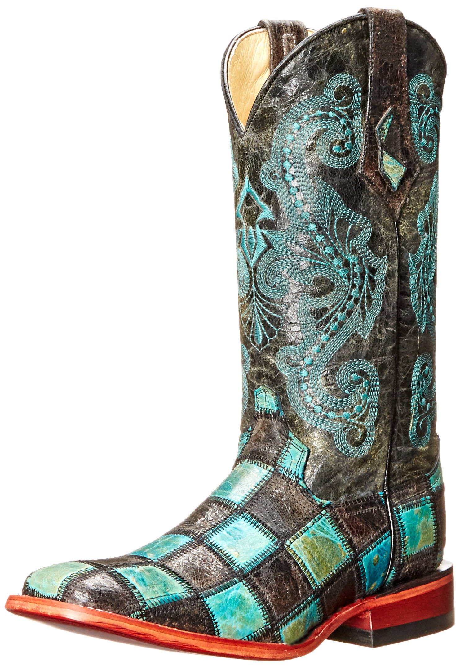 Ferrini Womens Patchwork Embroidered Square Toe Casual Boots Mid Calf Low Heel 1-2" - Blue, Brown - Size 9.5 B