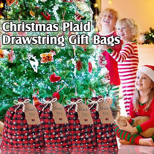 Vista 57 de Shappy 24 bolsas de regalo de Navidad con cordón, bolsas de Adviento de arpillera a cuadros de Navidad, 7 x 5 pulgadas, bolsa de lino para dulces