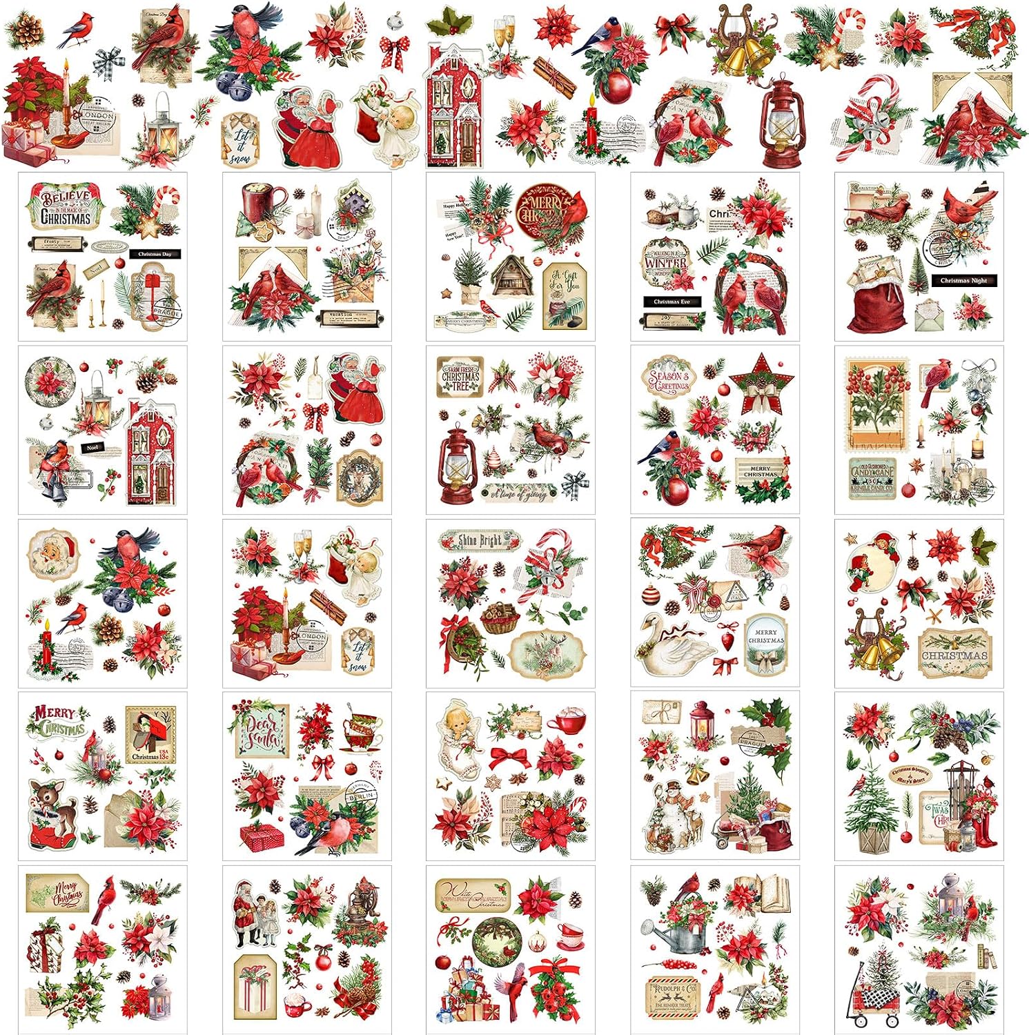 2 Sheets Christmas Holiday Poinsettia Planner Stickers - Glitter Seals For Papercraft & Envelopes