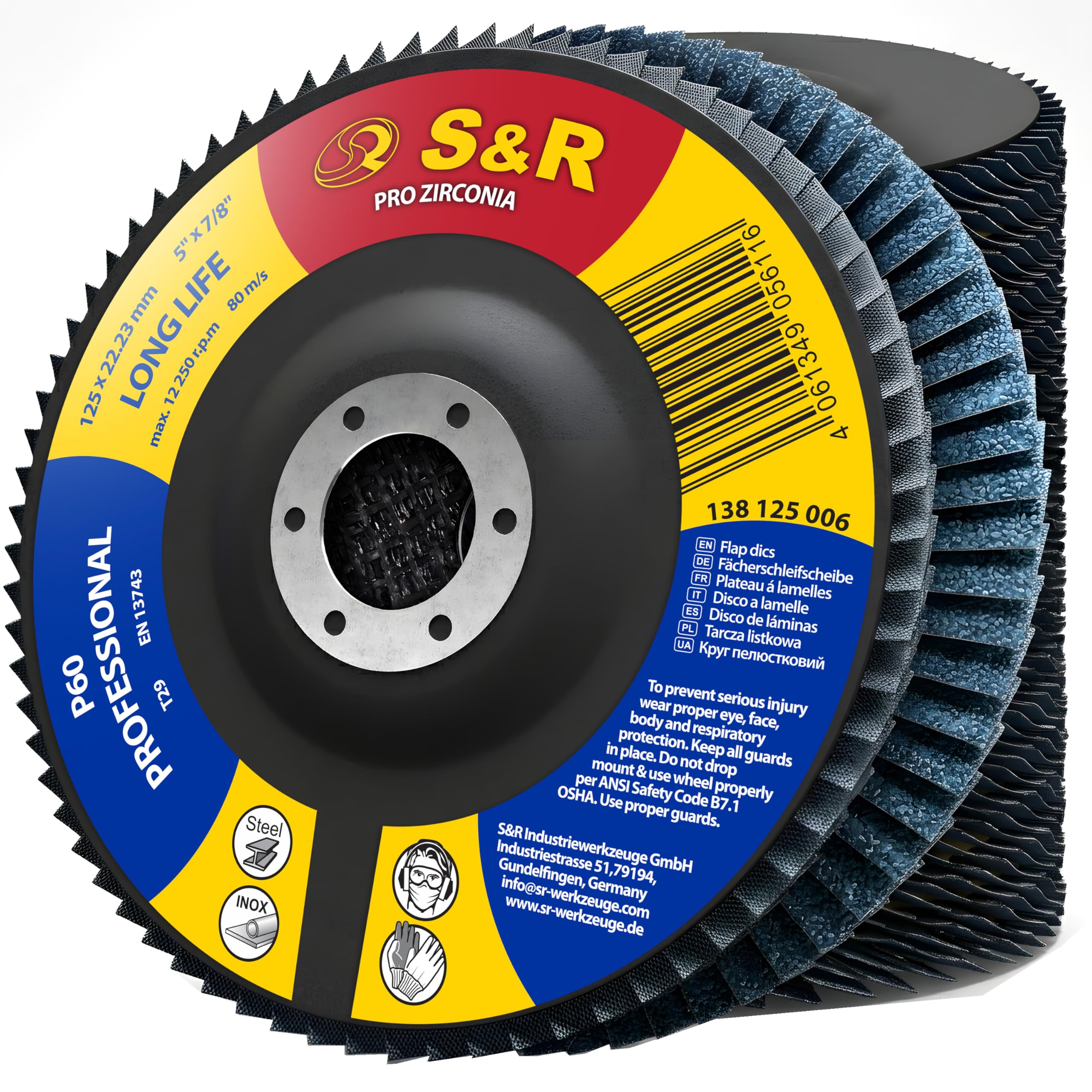 S&R Disco Lamellare 125-10 Dischi Abrasivi a Lamelle 125mm. Dischi Lamellari 125 Grana 60 Metallo Acciaio INOX Legno. Disco Abrasivo 125 per Smerigliatrice di tutte le Marche.