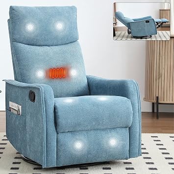 Rocking Recliner Chair with Heat and Massage, 360 Swivel Glider Rocker with Reclining Backrest and Footrest, Modern Nursery Rocking Chairs for Adults for Bedroom, Living Room, Office Blue