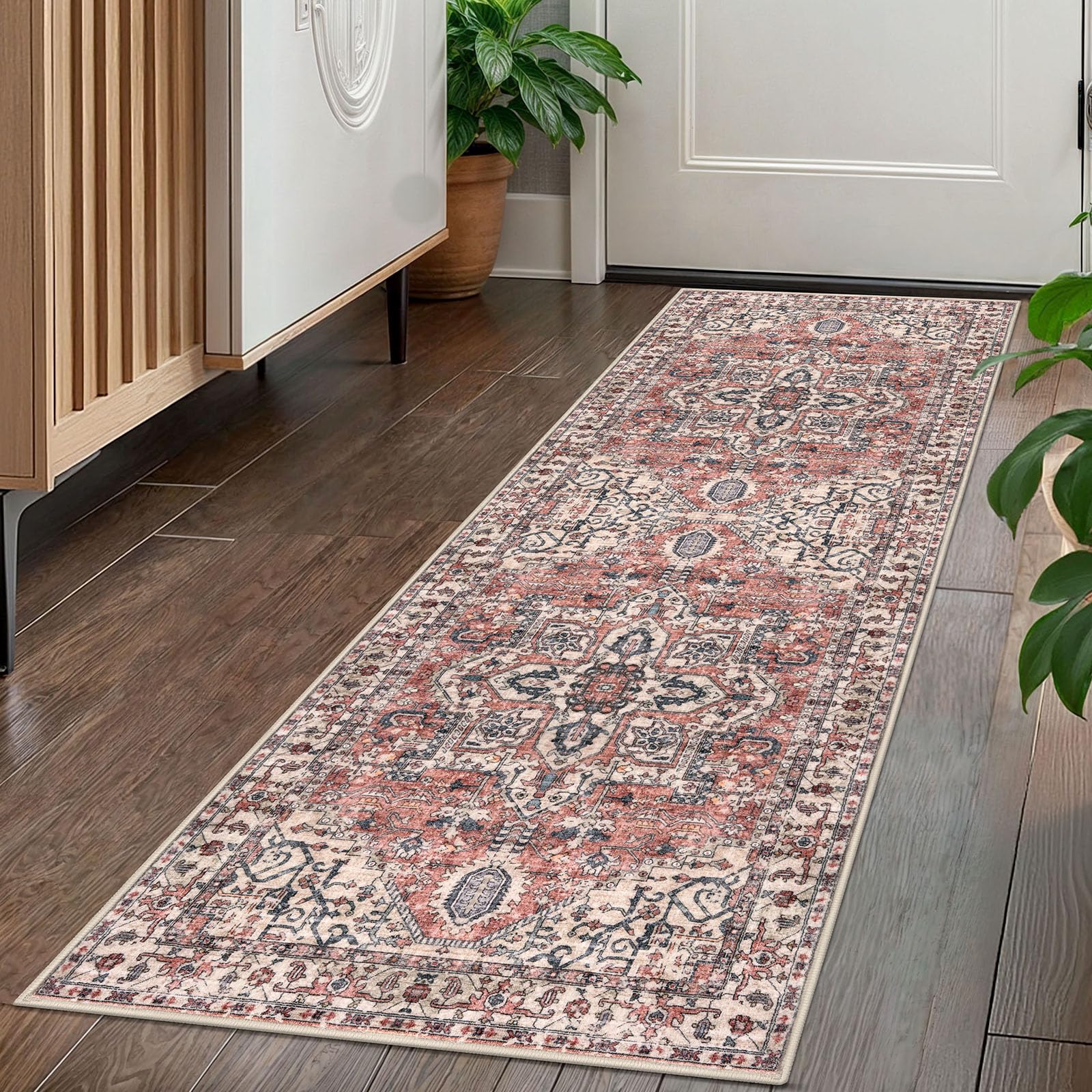 KOZYFLY Runners for Hallways 2x5 Ft Washable Kitchen Runner Rug Boho Runner Rug for Entryway Indoor Printed Oriental Faux Wool Floor Carpet Runner for Laundry Room Kitchen Hall, Terracotta/Beige โ image 1