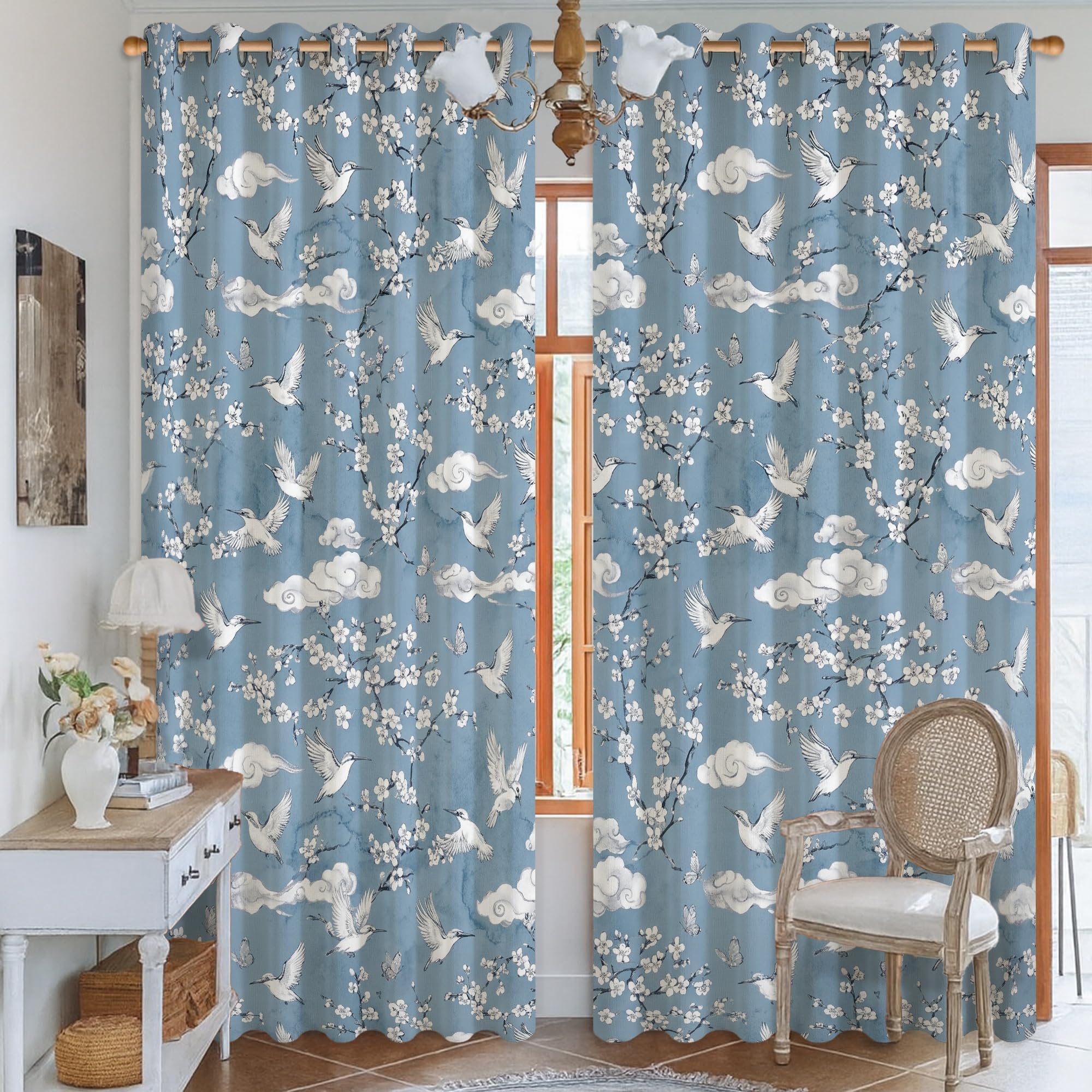 Rideaux occultants plissés pour bureau zen au décor de nuage floral bleu oriental
