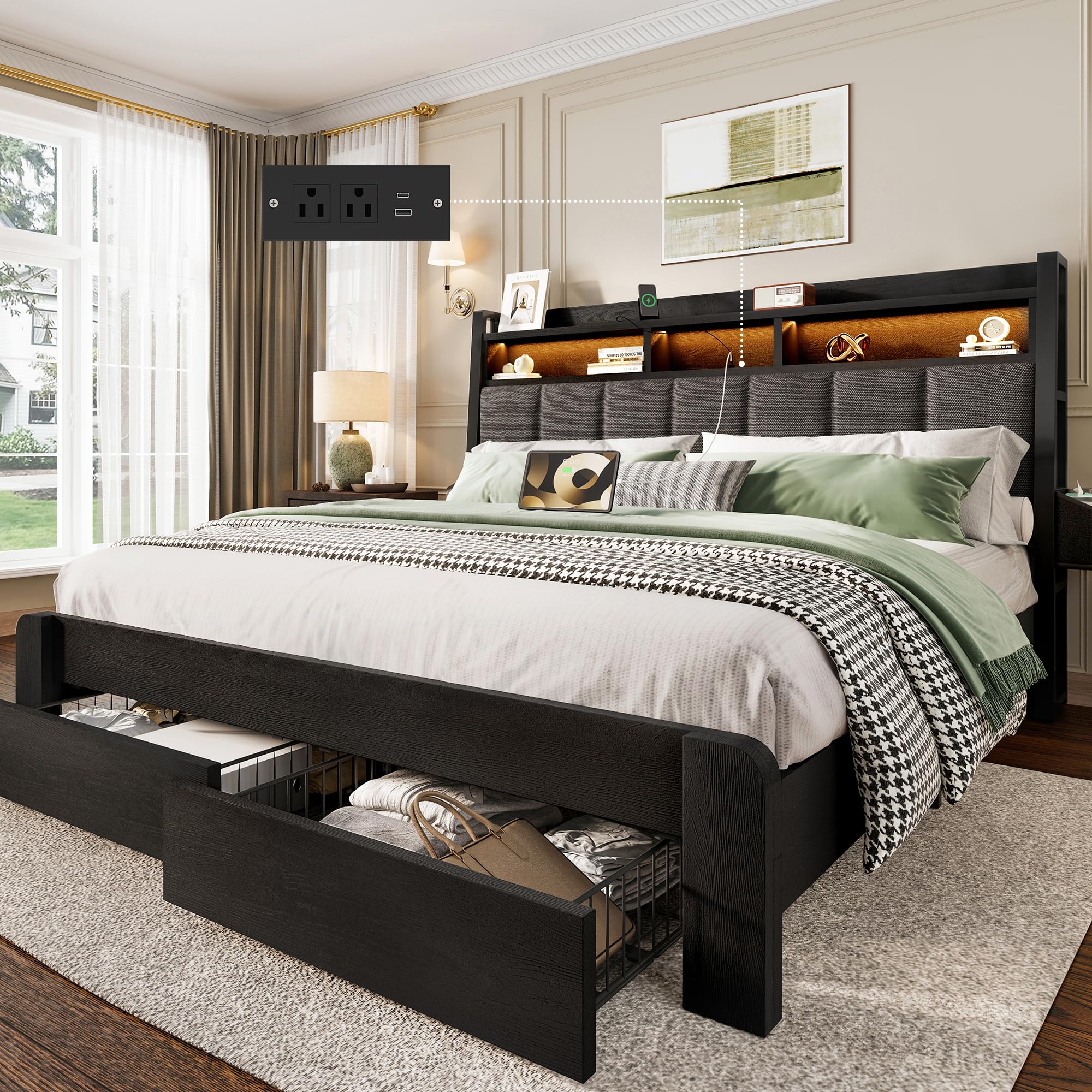King Size Bed Frame with 2 Storage Drawers Wooden Upholstered Bed Frame with 2-Tier Storage Headboard Built in