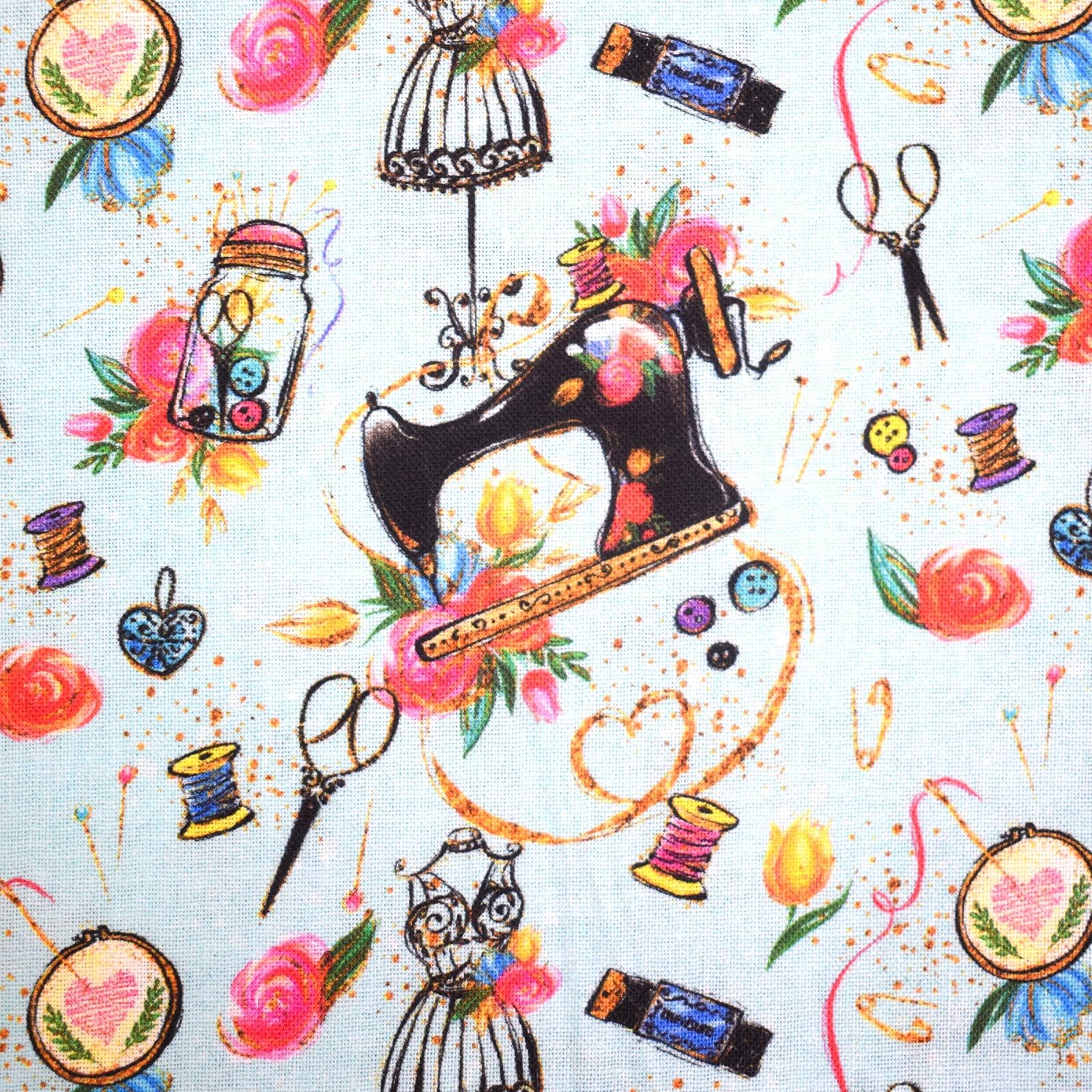 TRIXES Cotton Fabric - Quirky Sewing Print Design - Embroidery Material - Upholstery Cloth for Textile Crafts - Dressmaking - Patchwork - One Sheet 1 x 1.4M