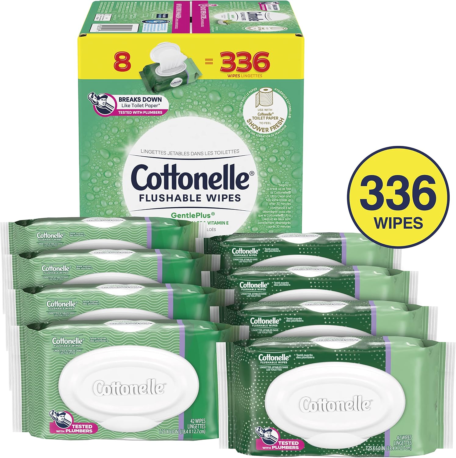 Bundle of Cottonelle Fresh Feel Flushable Wet Wipes, 8 Flip-Top Packs, 42 Wipes Per Pack + Cottonelle GentlePlus Flushable Wet Wipes with Aloe & Vitamin E, 8 Flip-Top Packs, 42 Wipes Per Pack