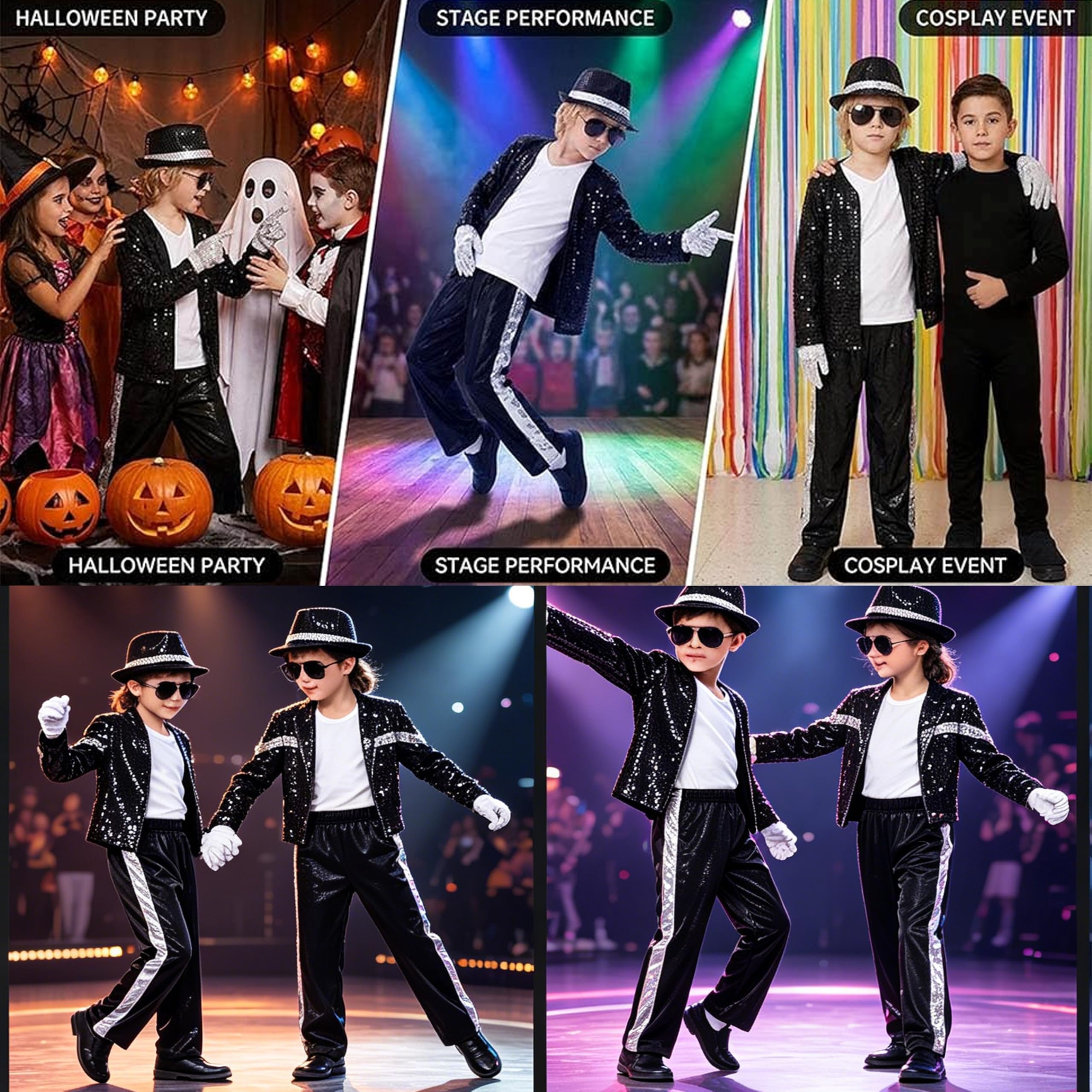 Costume Pop Star Anni '80 '90 per Bambini Ragazzi 4-10 Anni, Set 6 Pezzi con Giacca Nera con Paillettes, Pantaloni, Cappello, Guanto – Spettacoli Halloween, Gli Anni in Bianco E Nero Cosplay