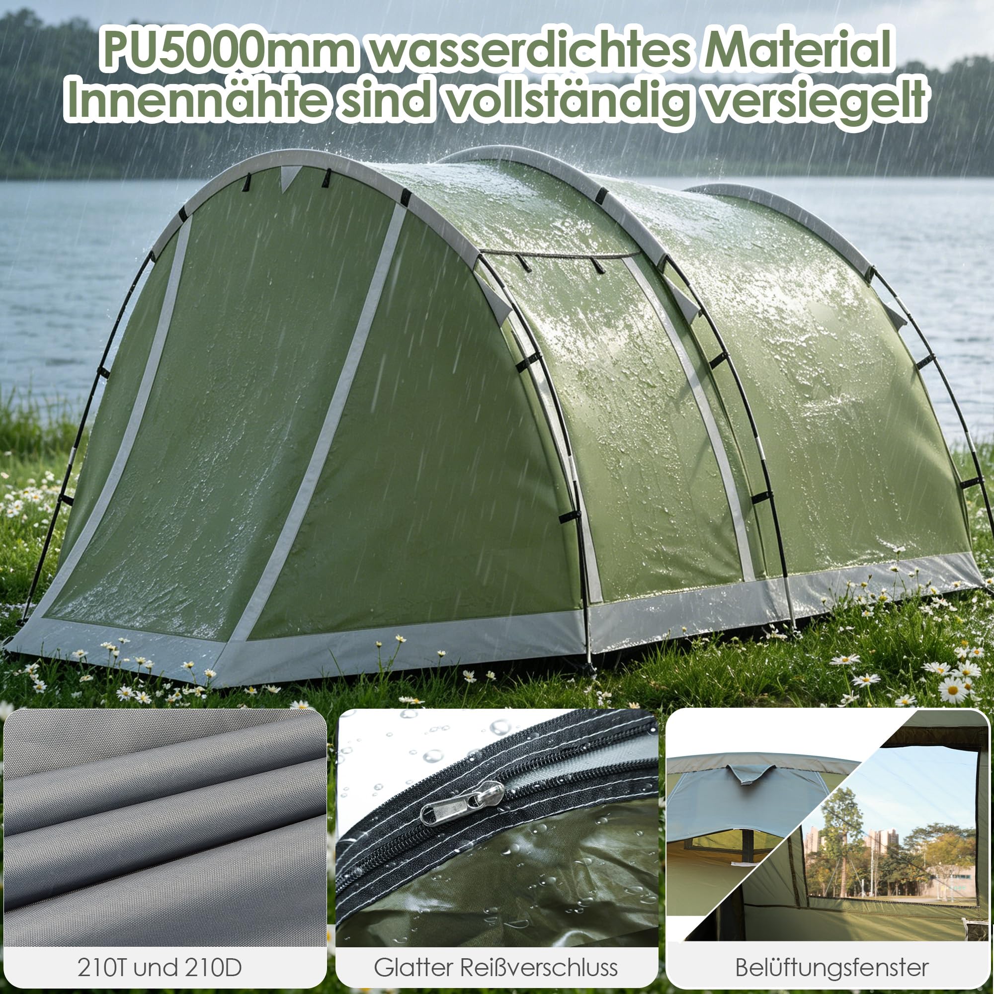 Tunnelzelt,Camping Zelt 4 Personen Zelte 5000mm wasserdichte Familienzelt Gruppenzelt 420x260 x150cm Campingzelt mit Vorzelt Schlafkabine Tent mit abnehmbarem Zeltboden