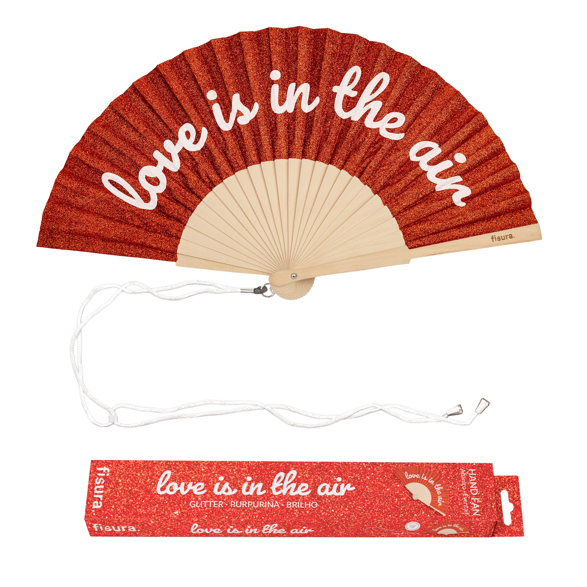 Fisura – Original “Love Is in the Air” Folding Fan, Modern and Colourful Handheld Fan, Red Glitter Design for Wedding, Party, Festival - Includes Strap. Size: 42.5 x 23 cm
