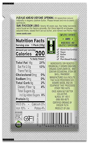 Miniatura 2 de Once Again Mantequilla de anacardo cremosa orgánica, paquetes de 1.15 onzas, 10 unidades, sin azúcar, orgánico USDA, certificado sin gluten, vegano,