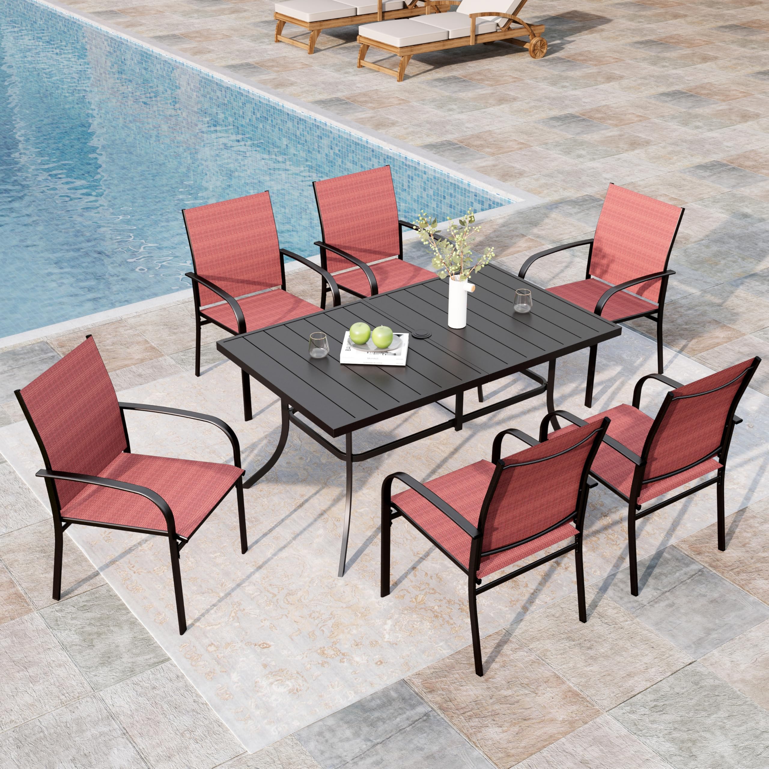 Patio Dining Set 7 Piece Outdoor Furniture Set with Metal Patio Dining Table with Umbrella Hole for Deck Garden Backyard Lawn, Red