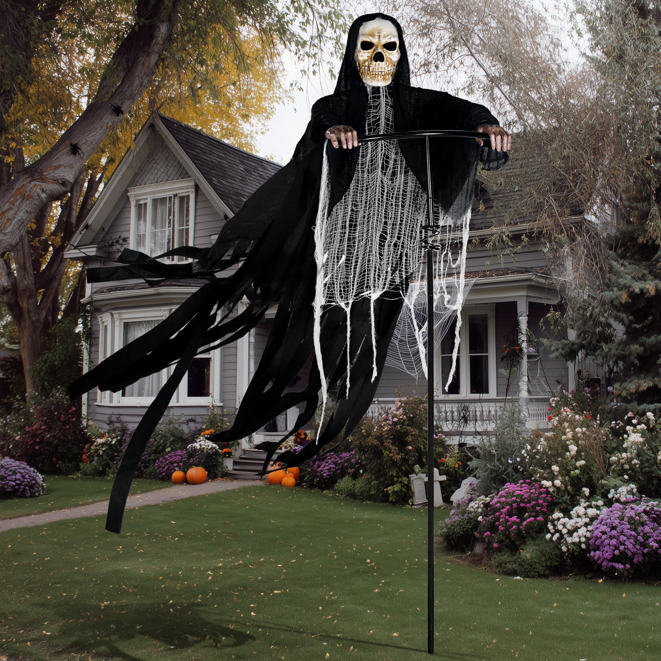 JOYIN Halloween Sensenmann Dekoration 180CM, drehbare Fliegende Schrei-Vogelscheuche, Skelett-Geister-Dekoration für Außen, geeignet für Frihof, Spukhaus, Garten, Veranda, Rasen
