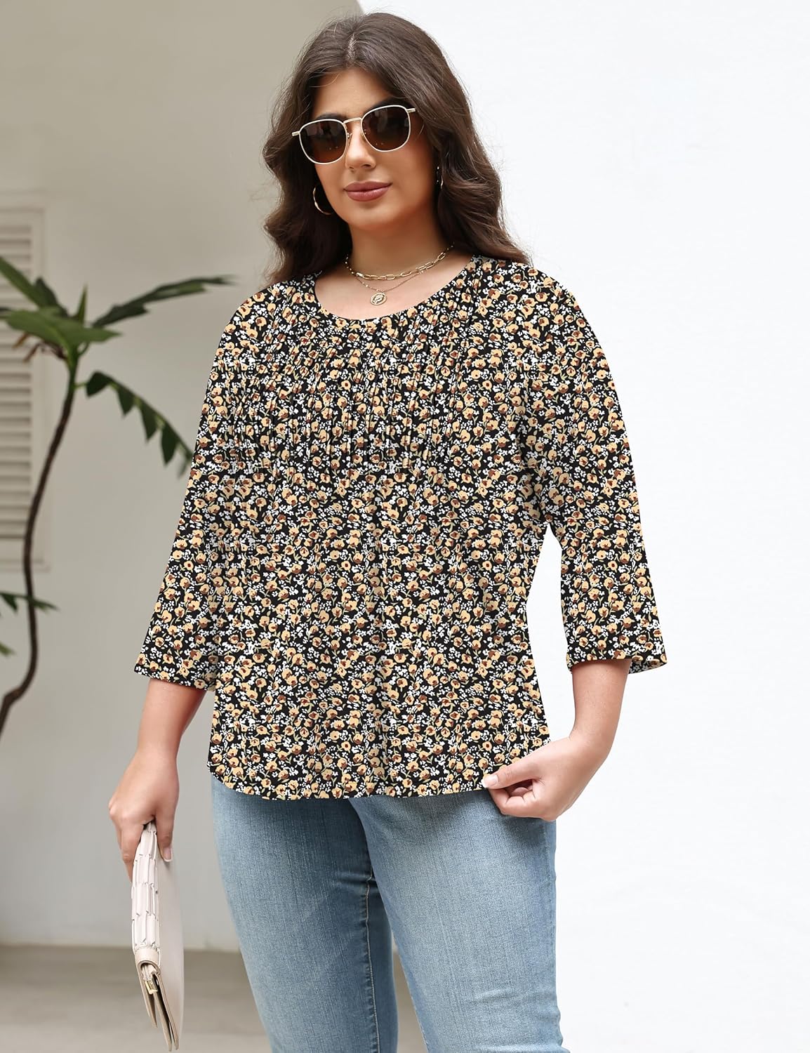 TFSDOD Womens Plus Size Tops 3/4 Length Sleeve Womens Tops Crewneck Pleated Boho Tunic Casual Shirts XL-5X - Image 3