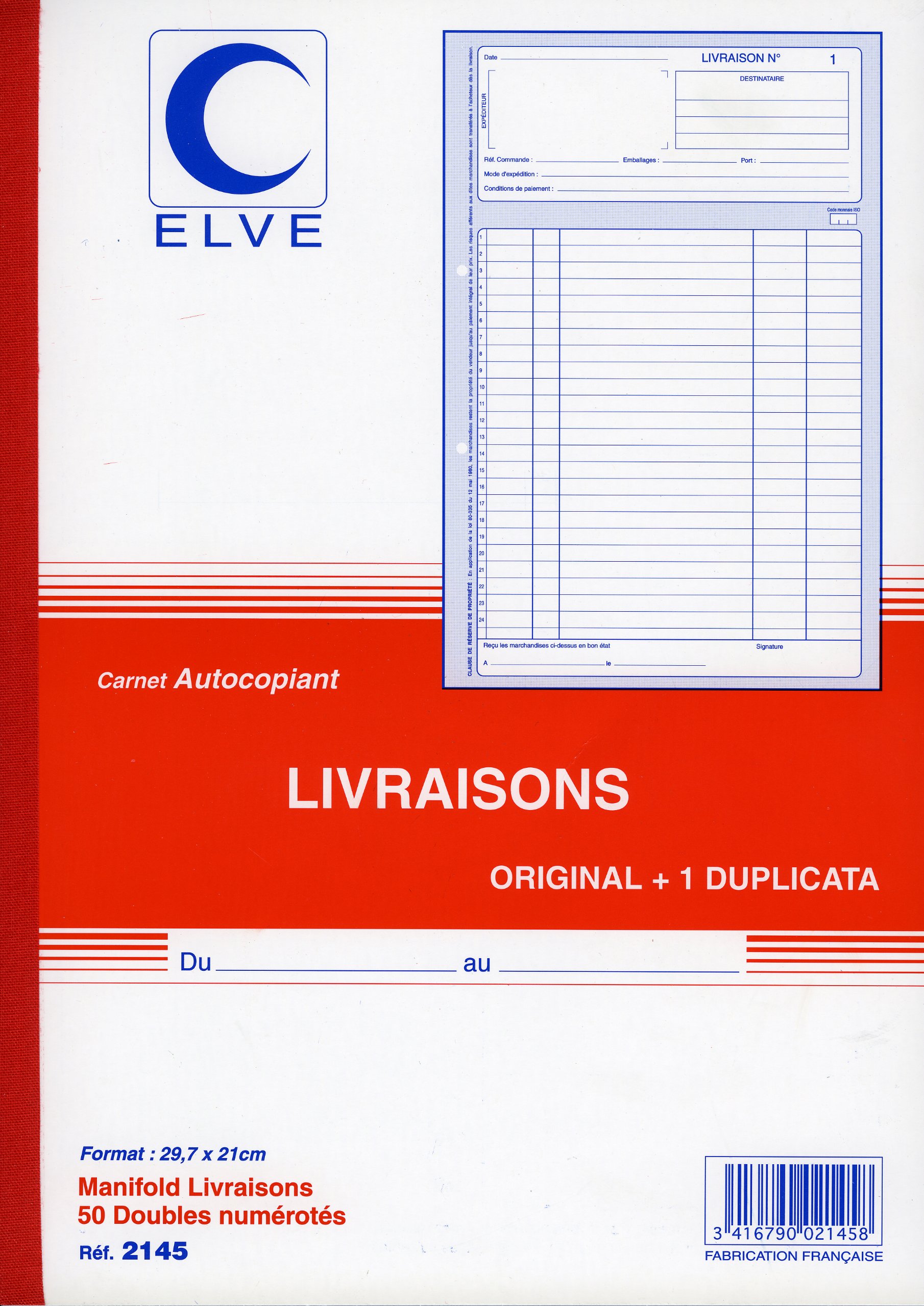 ELVE Lot de 10 Manifolds autocopiant LIVRAISONS 297X210 50 Feuillets Dupli