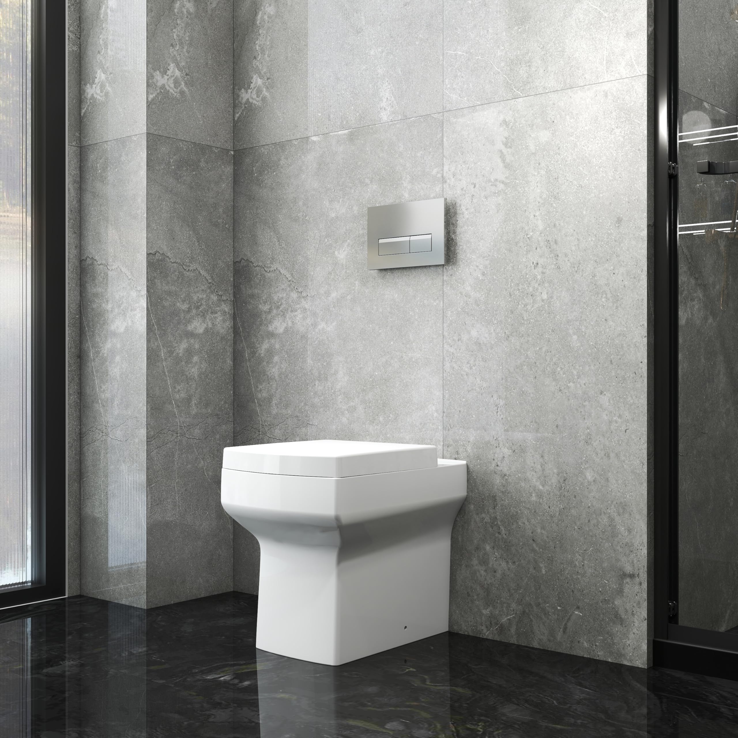 Bathroom Modern Back to Wall BTW Toilet Square Pan Soft Close Seat Cloakroom Space Saving White Ceramic WC