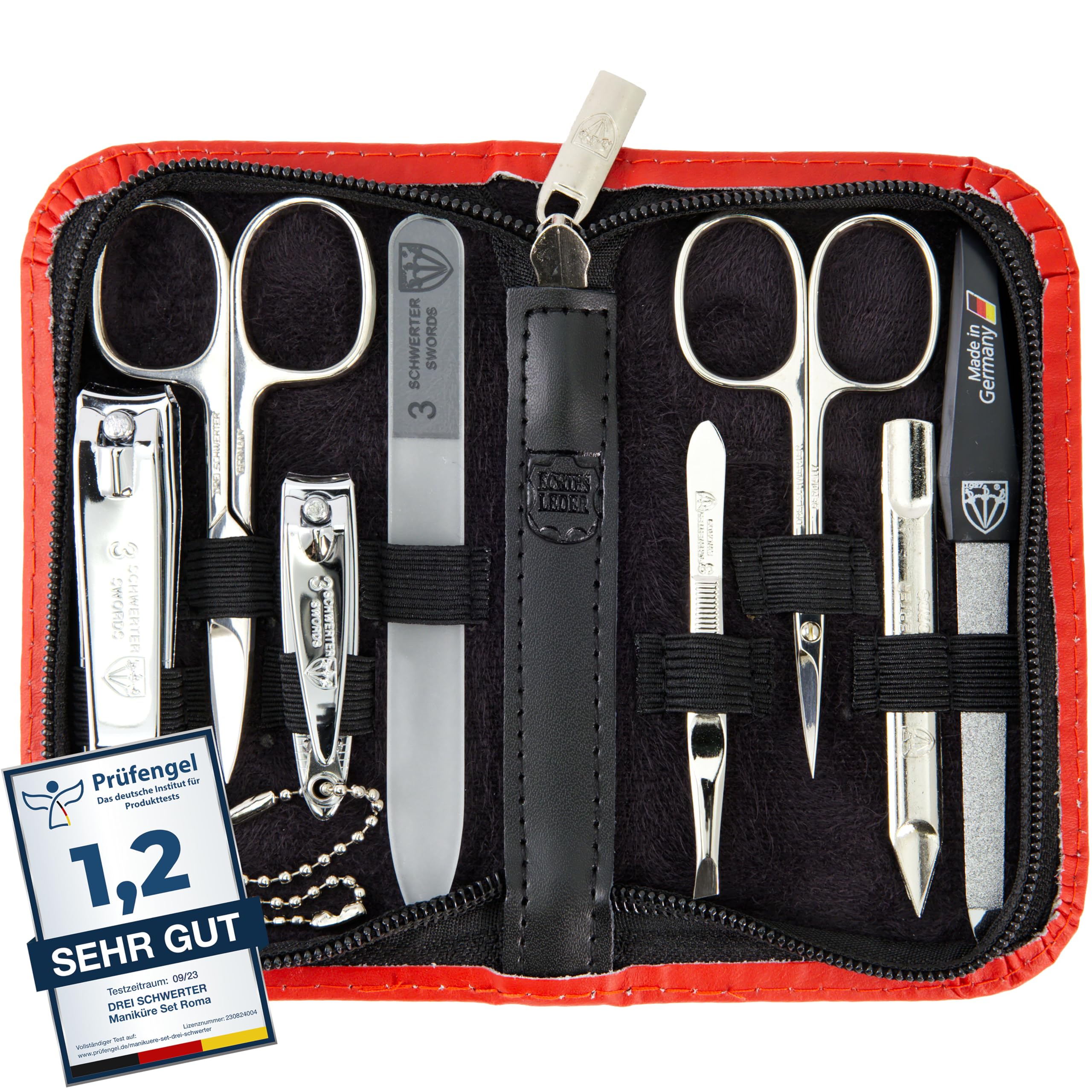 DREI SCHWERTER - Kit de manucure de 8 pièces « Roma » | Kit de soin des ongles de qualité supérieure dans un étui en cuir véritable Couleur : rouge | Contenu : kit d'ongles ; 8 instruments avec