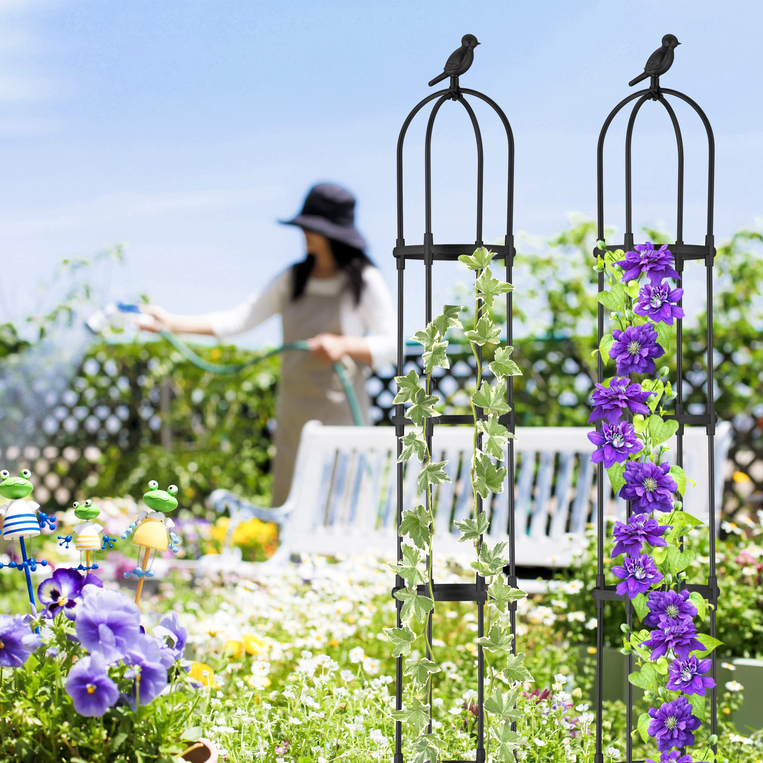 Relaxdays Trellis obélisque, Lot de 2, 188x24 cm de Hauteur, Plantes grimpantes, en métal, Stable, Tour Rosier, Noir
