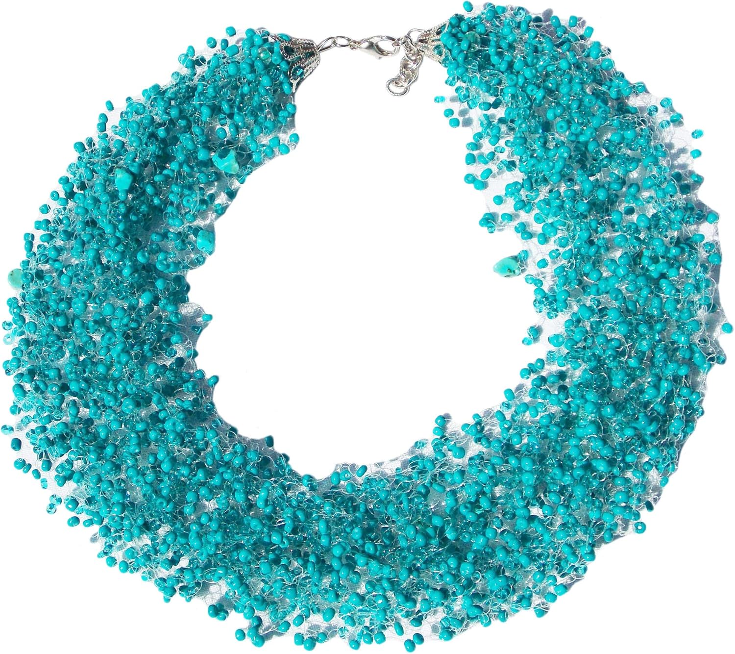 Handmade Multi strand teal necklace with turquoise gemstone chips Birthday gifts idea for women Beaded Dark turquoise jewelry Boho style Blue choker