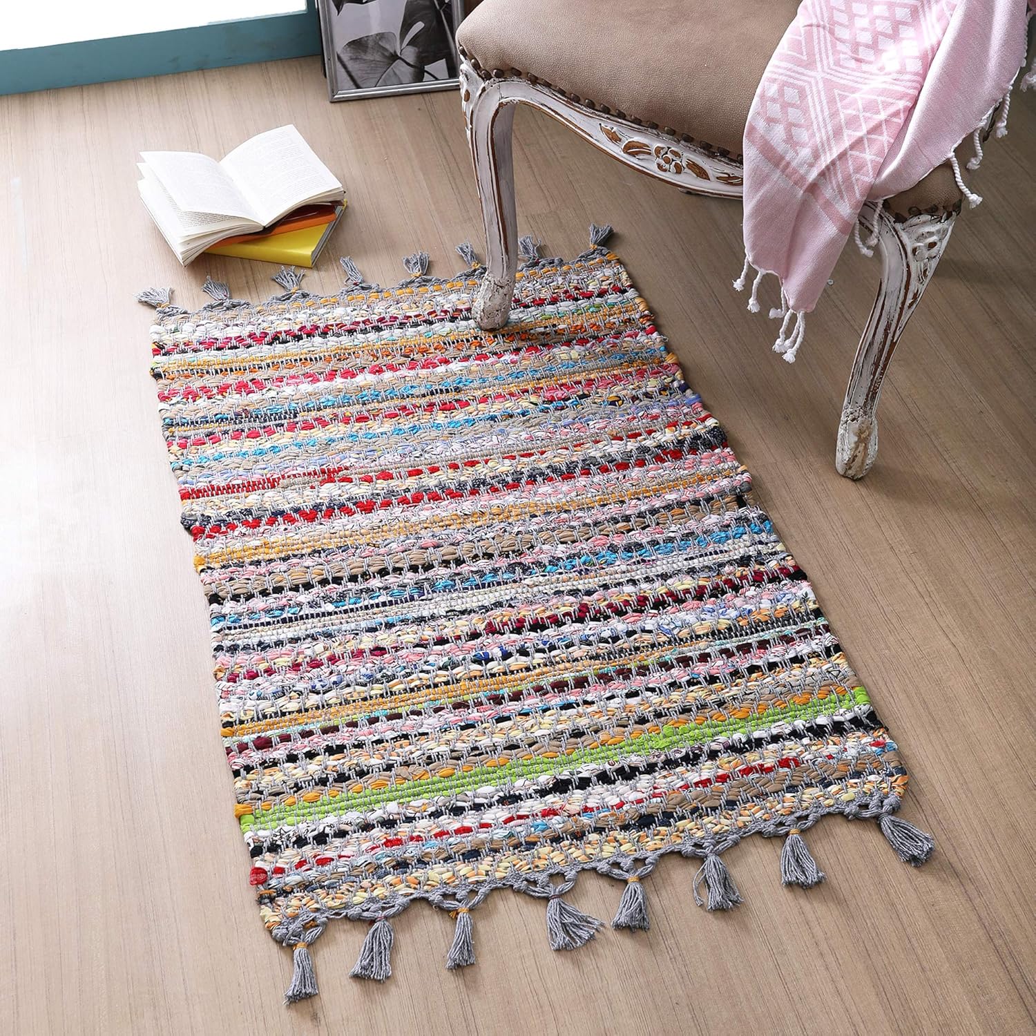 100 Cotton Rag Rug 2x3' Washable Multicolor Chindi Rug Hand Woven