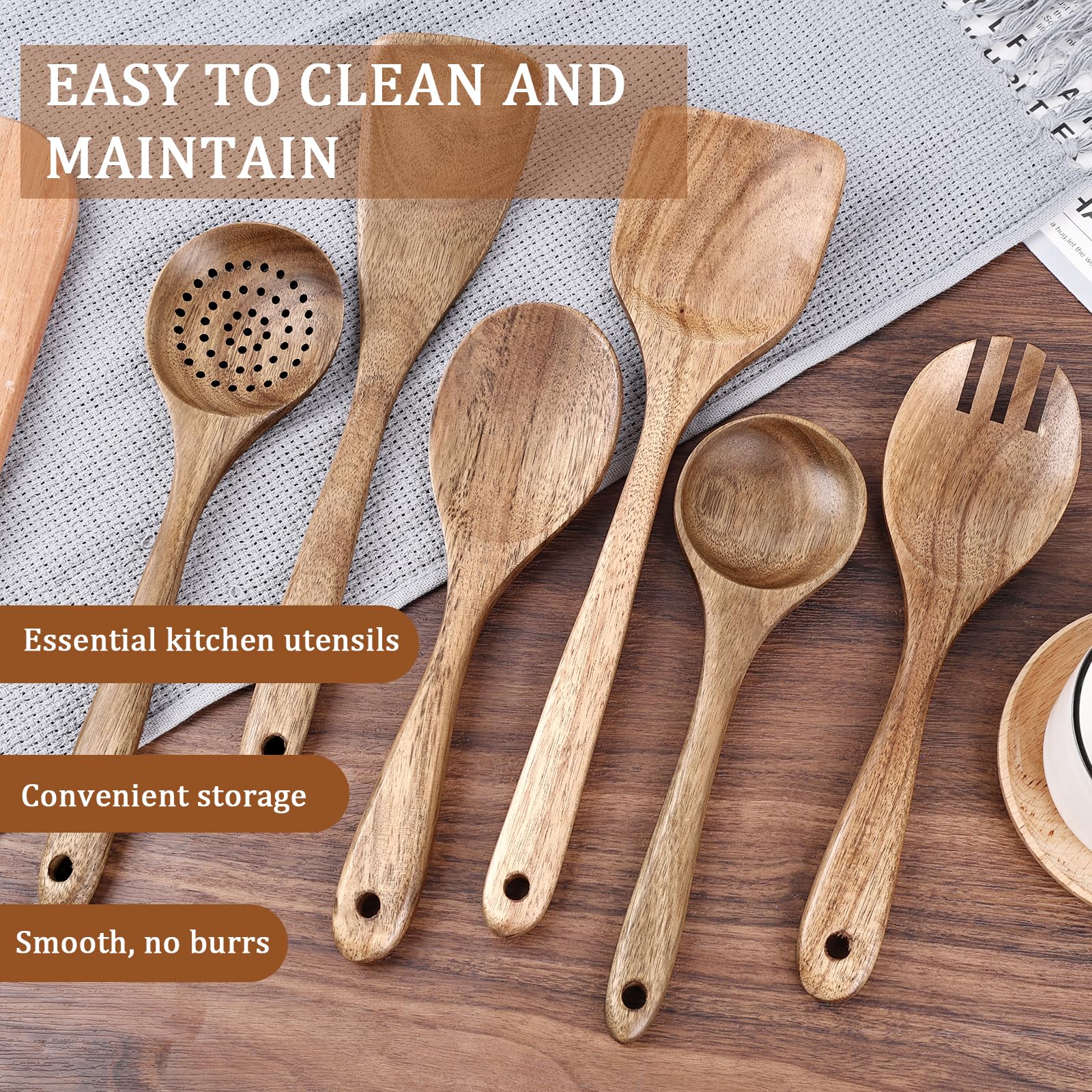HAKSEN Holz-Kochutensilien, natürliches Akazienholz, Küchenutensilien, Holzspatel zum Servieren, Rühren, Kochen, Mischen, 10 Stück