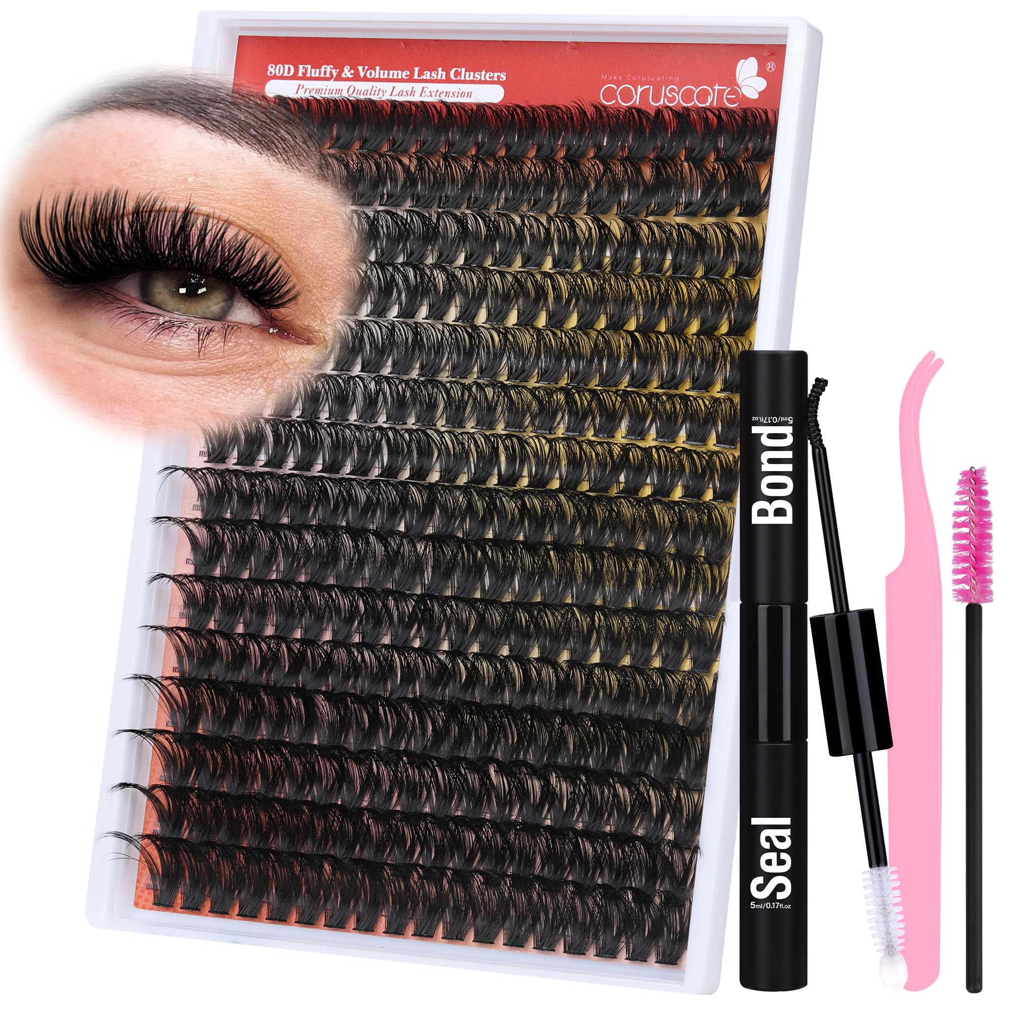 Cluster Lashes Kit 80D Lashes Individual Cluster 12-18mm Individual EyelashesThick Long Individual Lashes D Curl Soft DIY at Home with Lash Bond and Seal Lash Tweezers by CORUSCATE