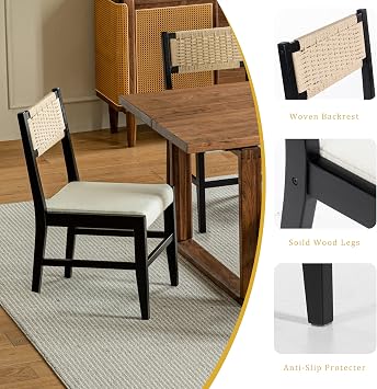 VDNEND Dining Room Chairs Set of 4 Solid Wood Chairs with Wicker Backrest and Padded Seat Cushion Modern Kitchen Chairs for Dining Room Living Room Black