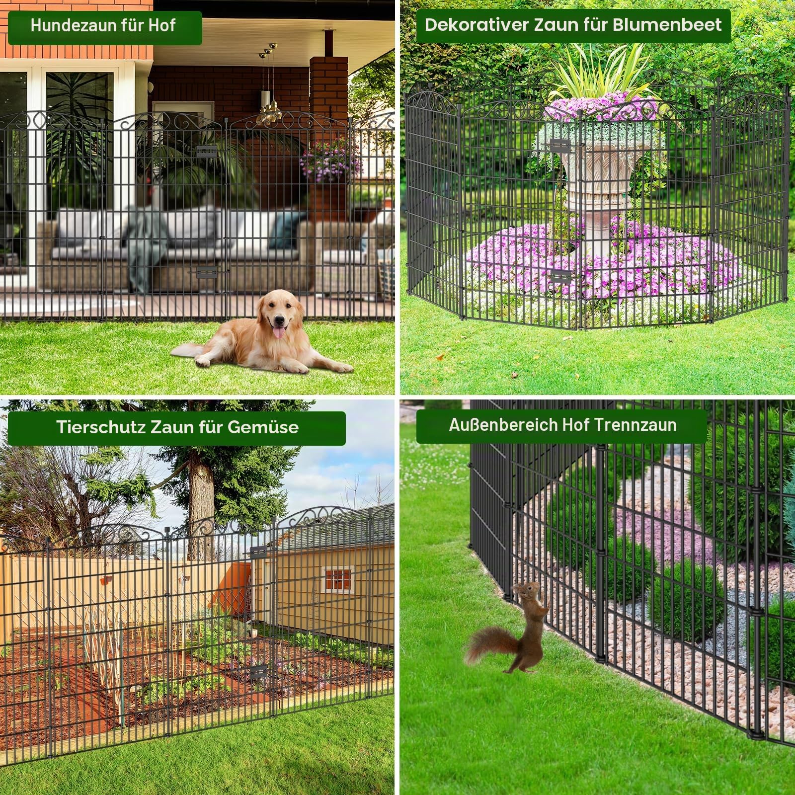 10 Paneele Gartenzaun mit Tor – 122 cm H x 7,1 m L, ohne Graben, rostfreier Metall-Hundezaun für Hunde und Kaninchen, dekorative Außengrenze für Hof, Terrasse und Blumenbeete