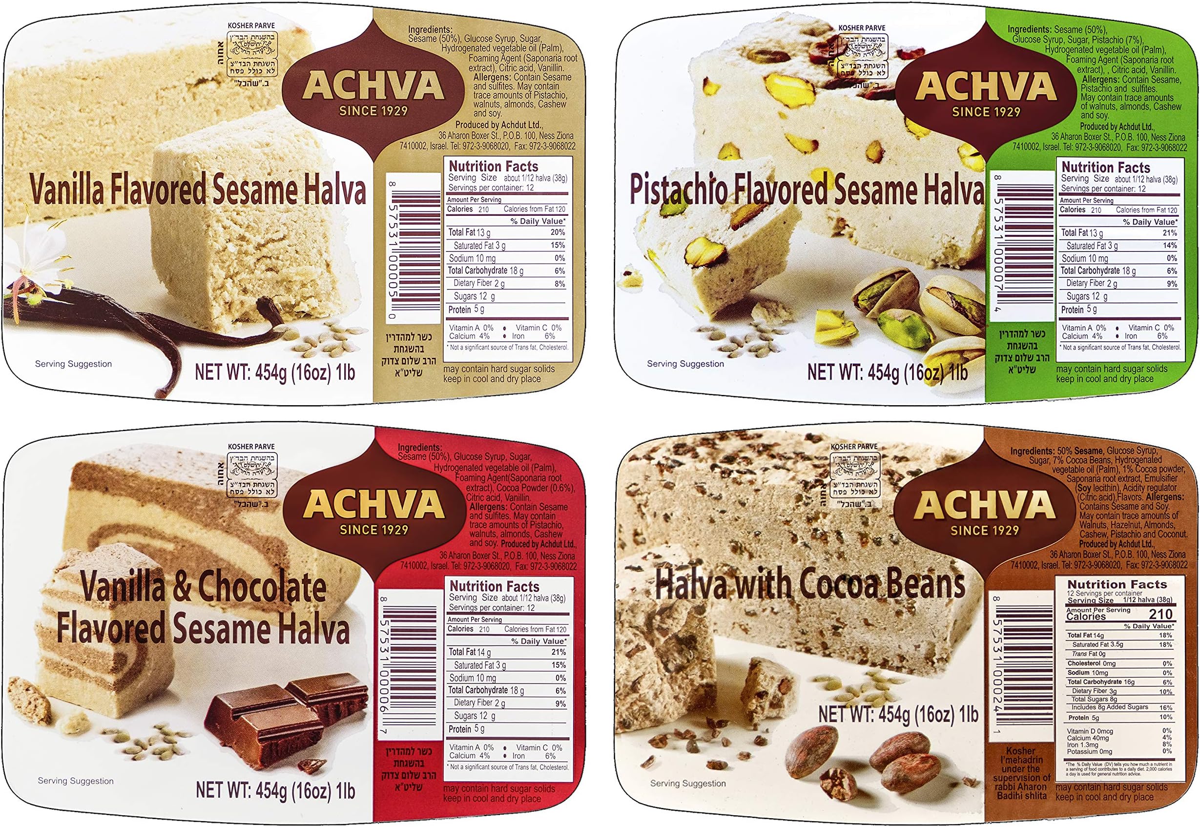 Achva Halva Cocoa Nibs, Vanilla, Marble, Pistachio Halva Variety Pack, 16oz Trays (Pack of 4 Variety, Total of 64 Oz)