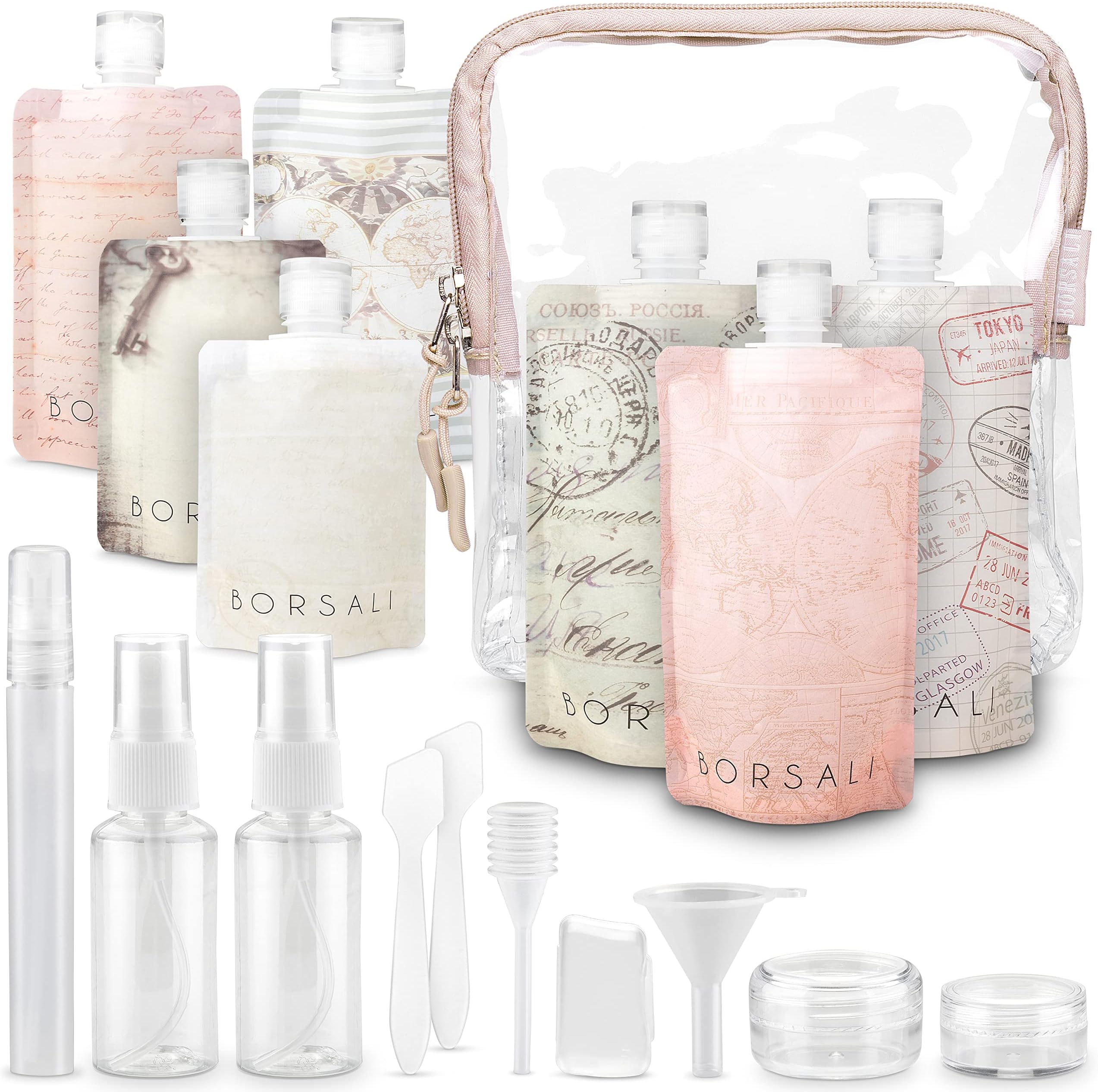BORSALITravel Bottles for Toiletries, TSA Approved 3oz Travel Size Containers for Liquids, Flat Refillable Empty Squeeze Pouches for Shampoo & Conditioner, 18 Piece Set with TSA Approved Bag