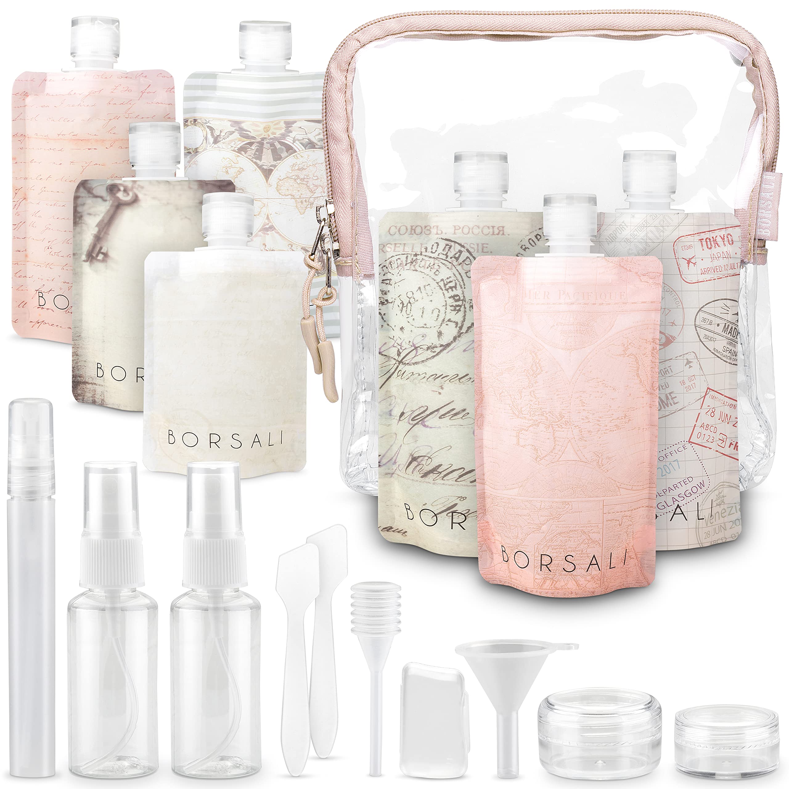 BORSALITravel Bottles for Toiletries, TSA Approved 3oz Travel Size Containers for Liquids, Flat Refillable Empty Squeeze Pouches for Shampoo & Conditioner, 18 Piece Set with TSA Approved Bag