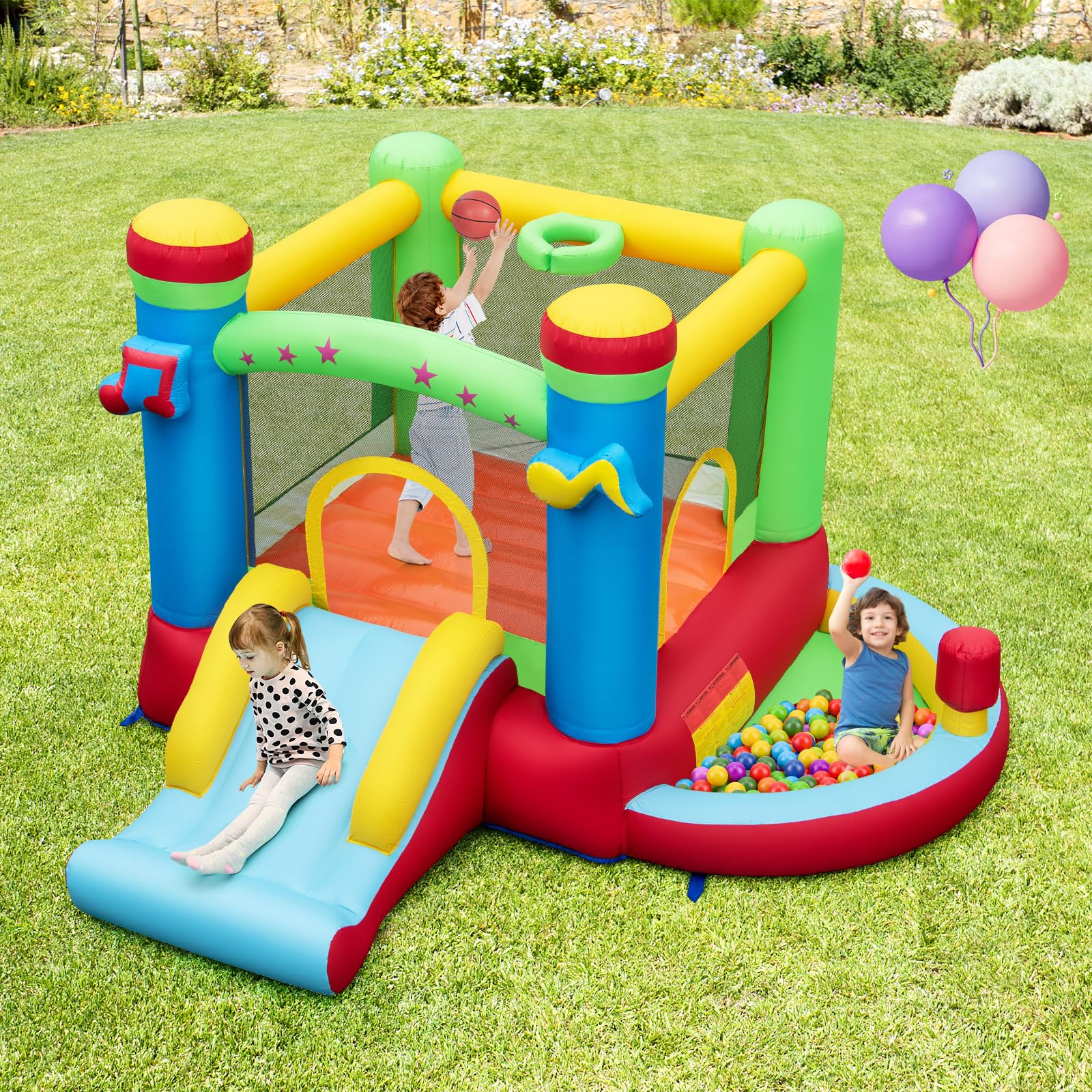 GYMAX Castello Gonfiabile per Bambini 3-12 Anni, 294 x 290 x 190 cm, Carico 90 kg, con Scivolo, Piscina, Boxe, Canestro da Basket, Borsa di Trasporto, Parco Acquatico Centro di Gioco