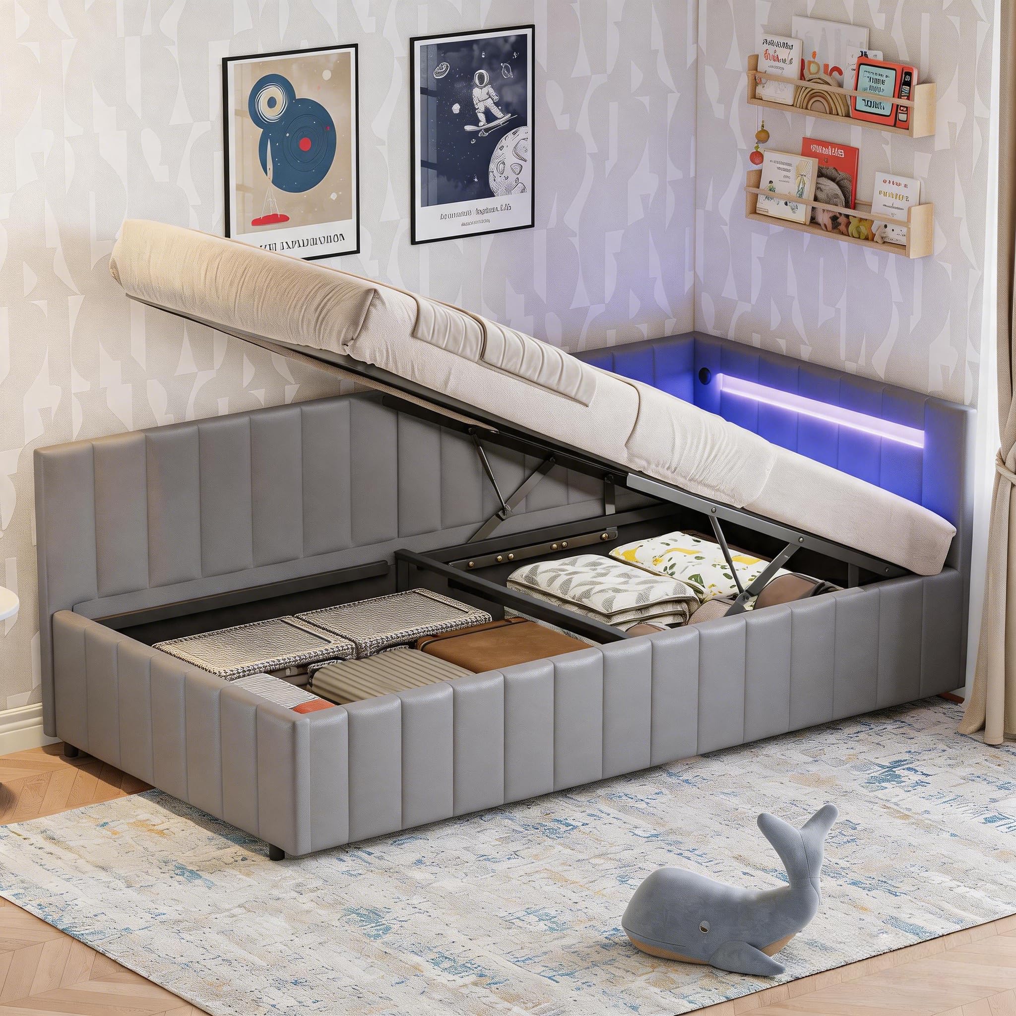 Besbed Upholstered Daybed with Storage, 3FT Single Sofa Bed 90 x 190 cm, Velvet Ottoman Bed with Hydraulic Storage, Wooden Slats Frame (No Mattress)