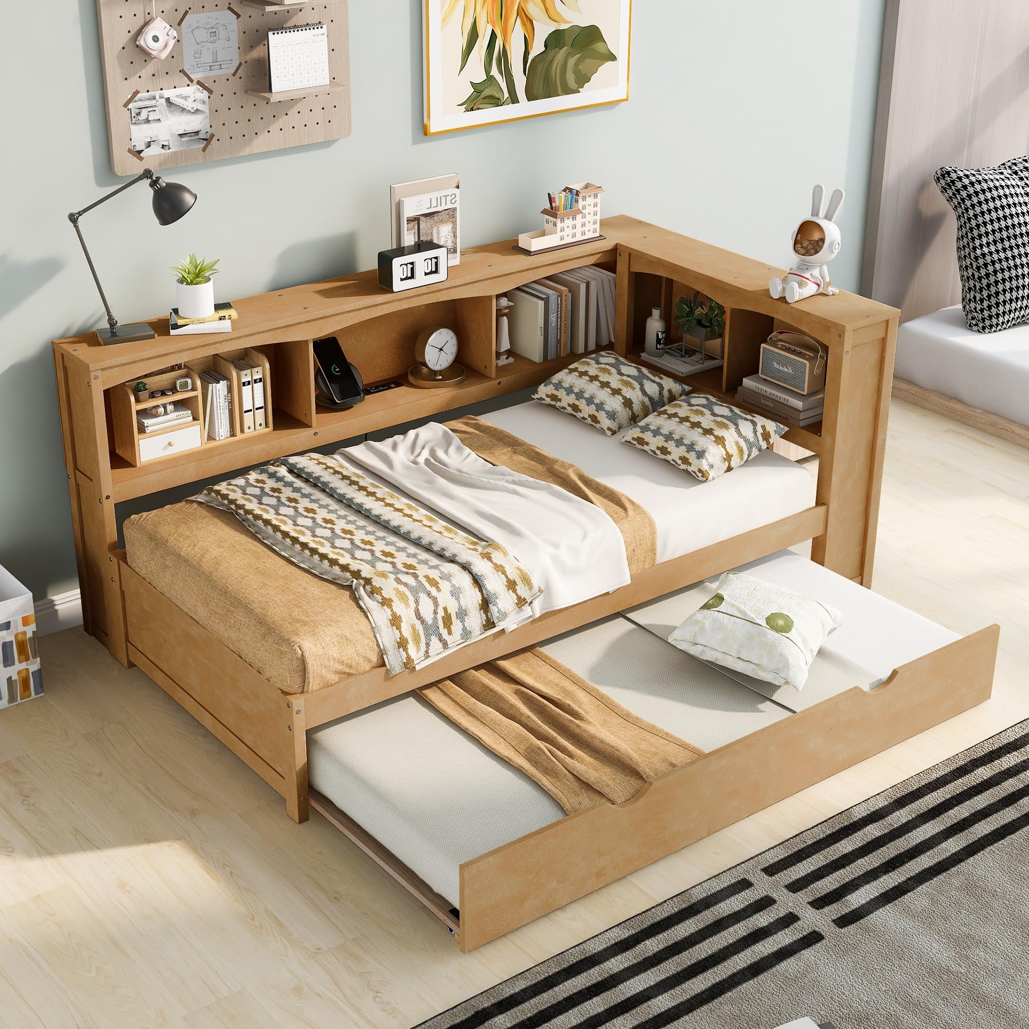 Harper & Bright DesignsTwin Size Daybed with Trundle, Storage Bookcases, and USB Ports,Wood Twin Platform Bed with Headboard, Twin Size Sofa Bed Frame for Bedroom Living Room (Wood Color)