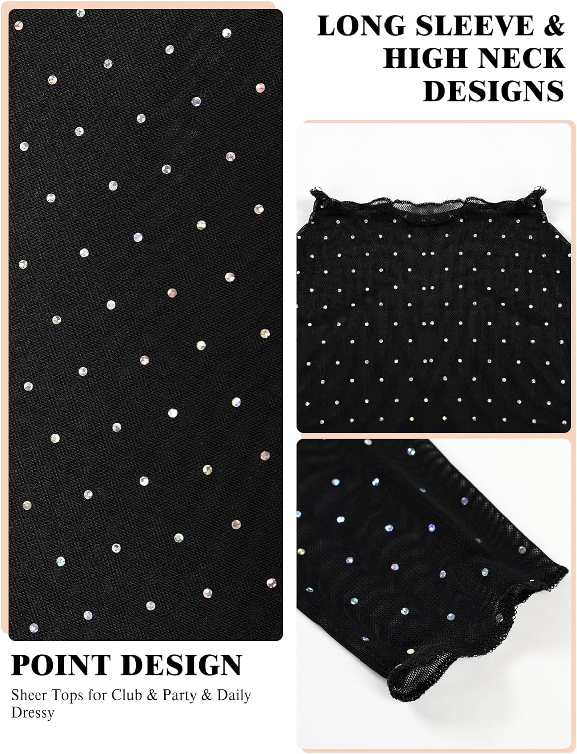 Buauty Sparkle Sheer Mesh Lace Top for Women See Through Layering Shirts Long Sleeve Mock Neck T Shirts 2025 Fashion - Image 6