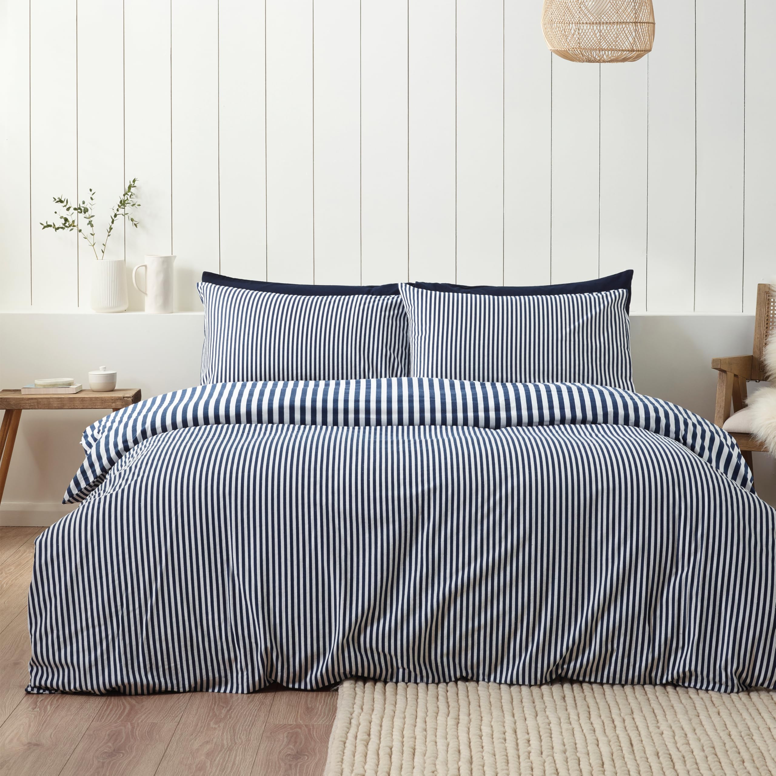 Catherine Lansfield Brushed Stripe Cotton Reversible Double Duvet Cover Set including Pillowcases Navy Blue - Image 2