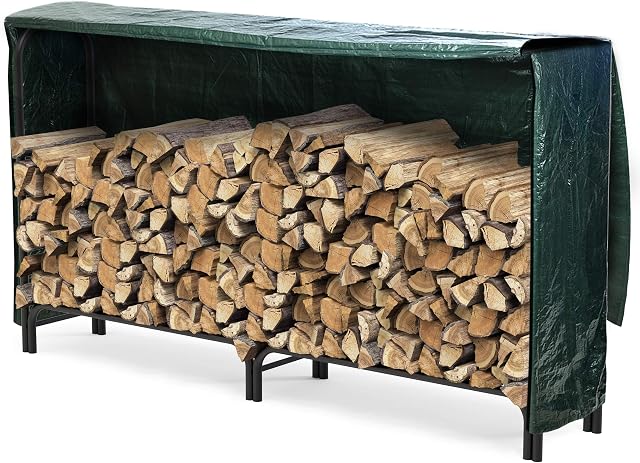 VOUNOT Firewood Log Rack with Cover, Metal Log Store Outdoor, 200 x 116 x 36 cm, Black