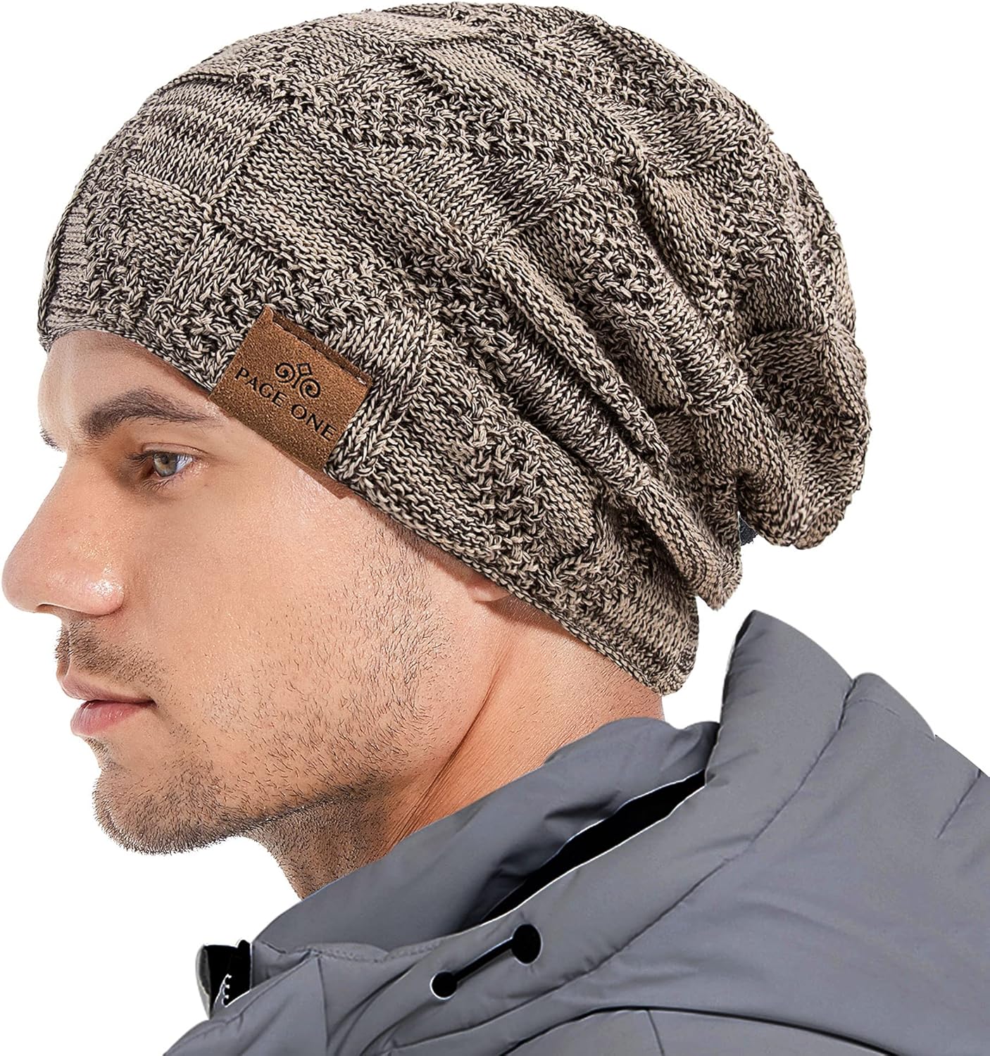 PAGE ONE Mens Winter Slouchy Beanie Warm Fleece Lined Skull Cap Baggy Cable Knit Hat Khaki at  Men’s Clothing store