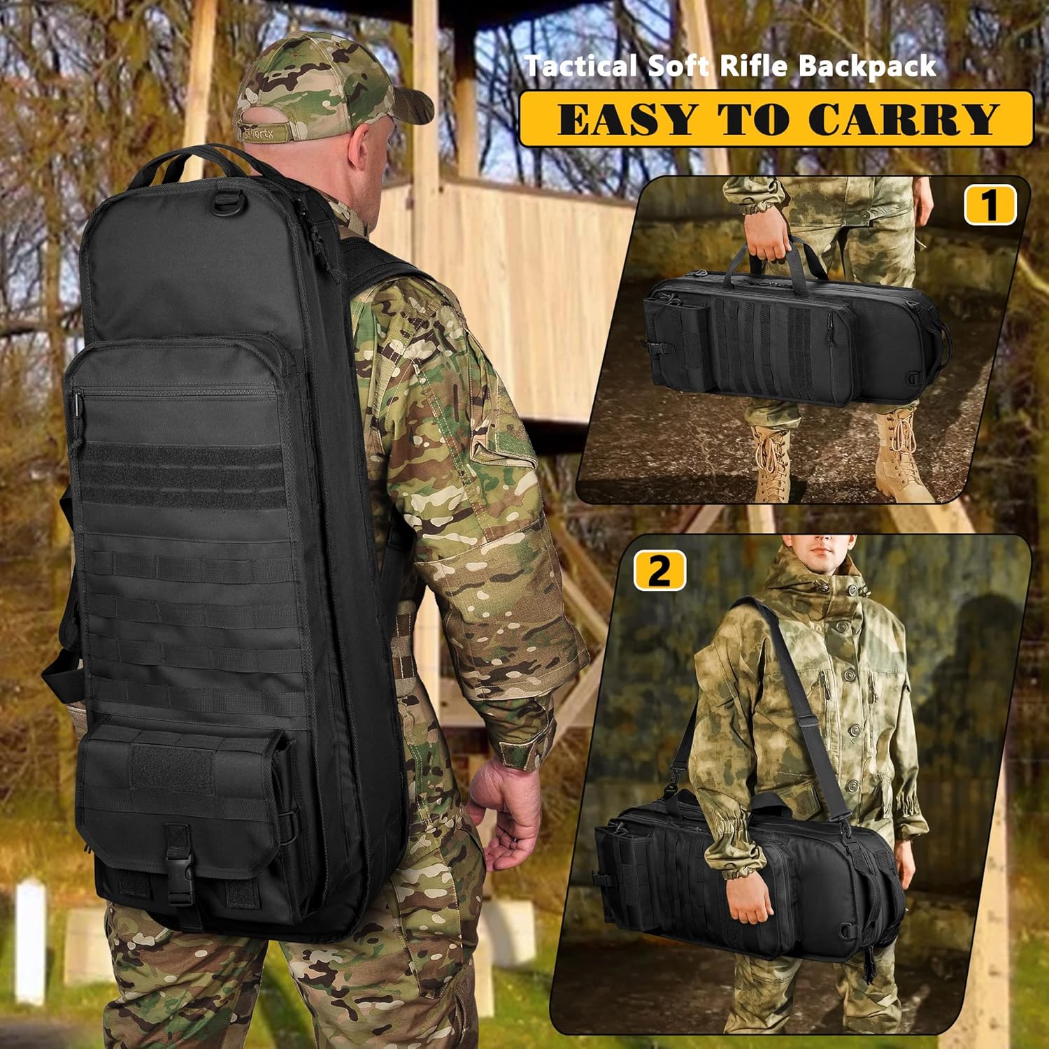 Tactical Rifle Bag Backpack Fits 32” Rifles, Soft Rifle Case with 3 Magazine Holders, Padded Shoulder Straps, Lockable Zipper and Molle System for Hunting and Shooting