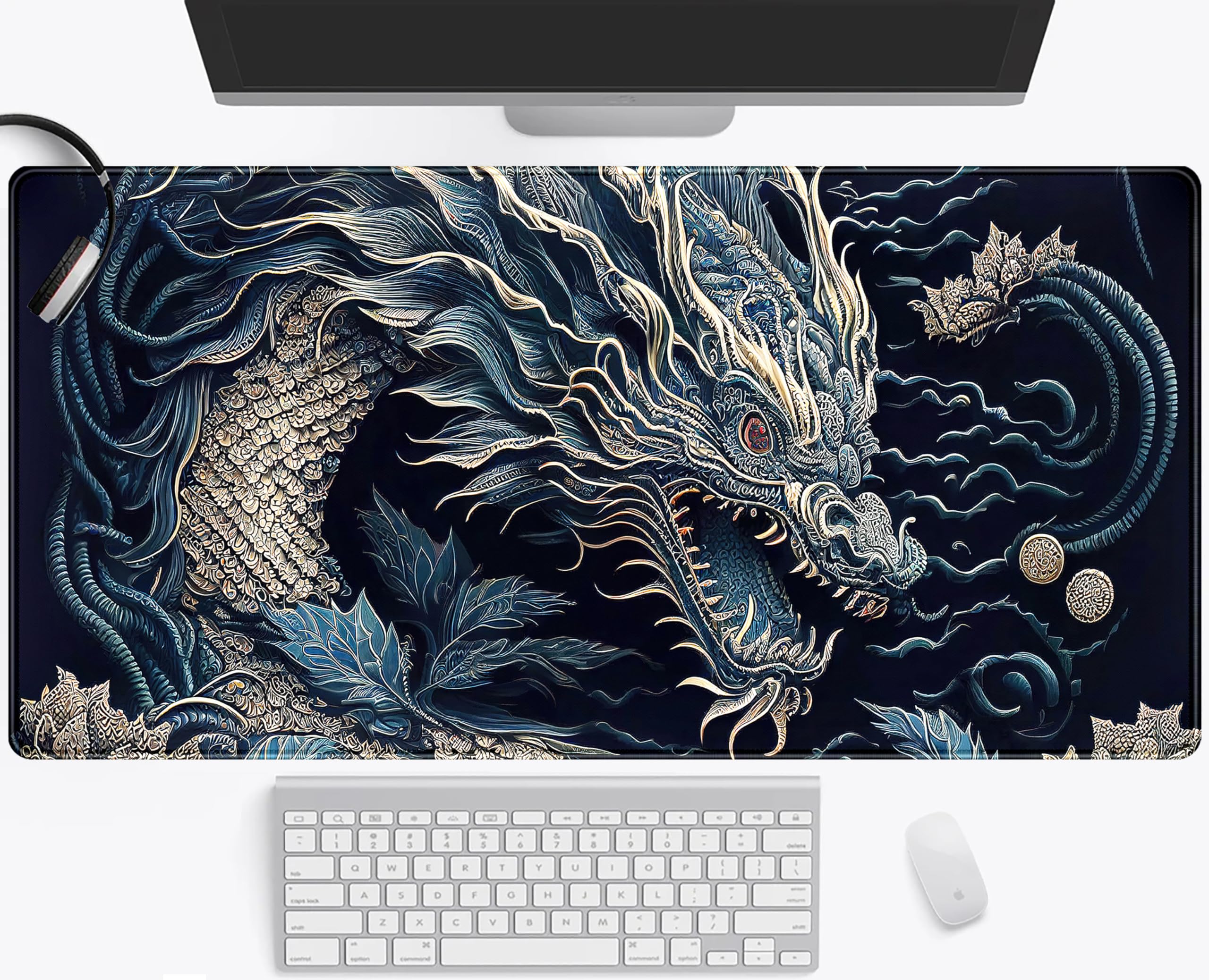 Oriental Dragon Desk Pad Chinese Japanese Dragon Mouse Pad Large, Anime Cool Gaming Keyboard Mat Navy Blue Extend Deskmat XXL, Laptop Mousemat Office Decor Desk Accessories for Men 31.5"x15.75"