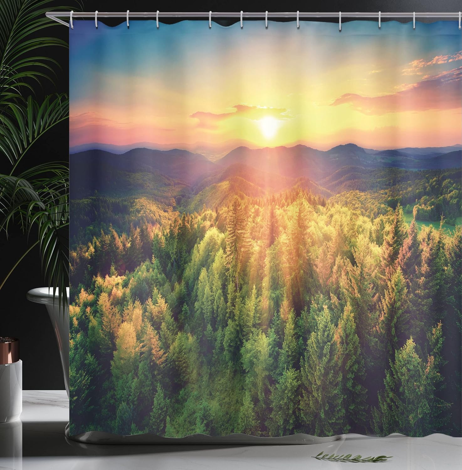 Ambesonne Landscape Shower Curtain, Aerial of Scenic Sunset Over Forest Hills with Dramatic Colors in Horizon Print, Cloth Fabric Bathroom Decor Set with Hooks, 69" W x 70" L, Multicolor