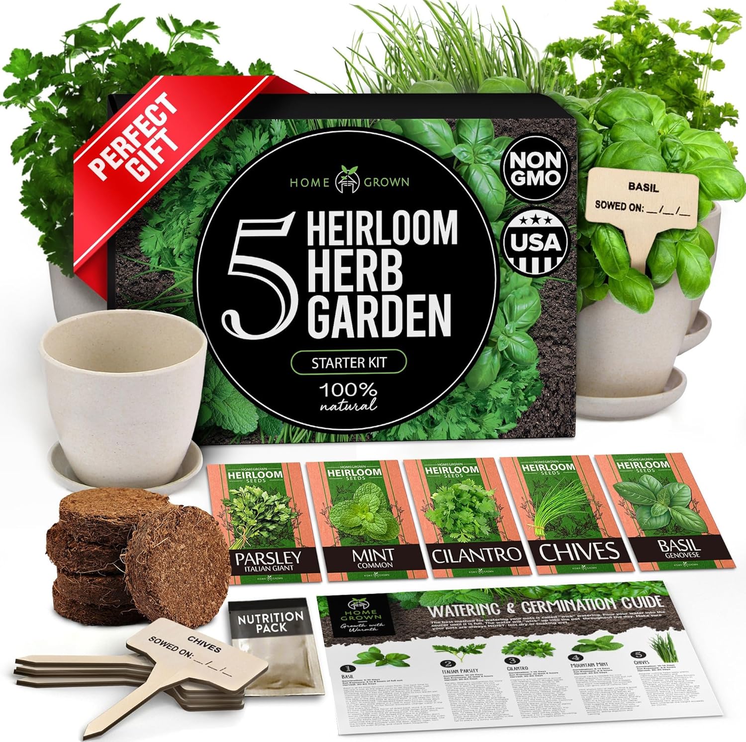 HOME GROWN 3-in-1 Indoor Garden & Starter Kit Bundle – Herb & Bonsai Tree – Grow 5 Herbs, 4 Bonsai Varieties