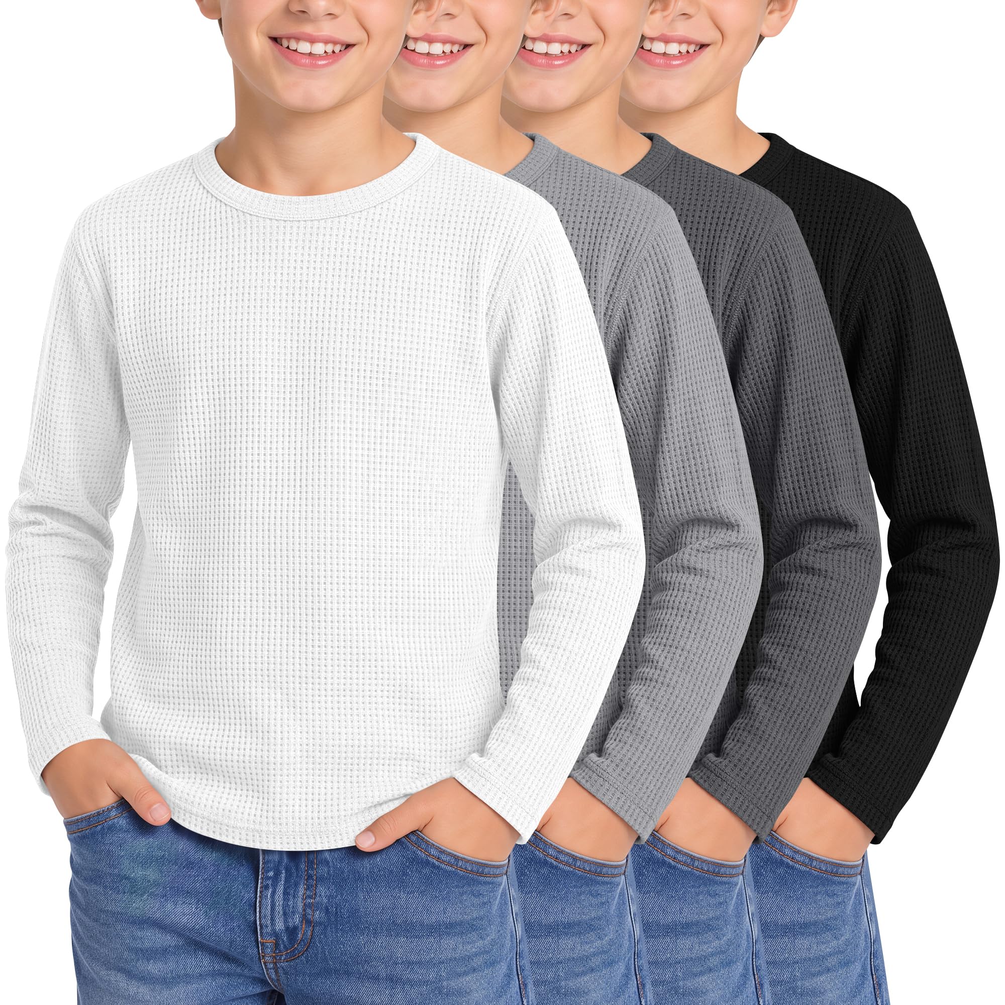 4 Pack Boys Long Sleeve Waffle Knit Thermal Shirts