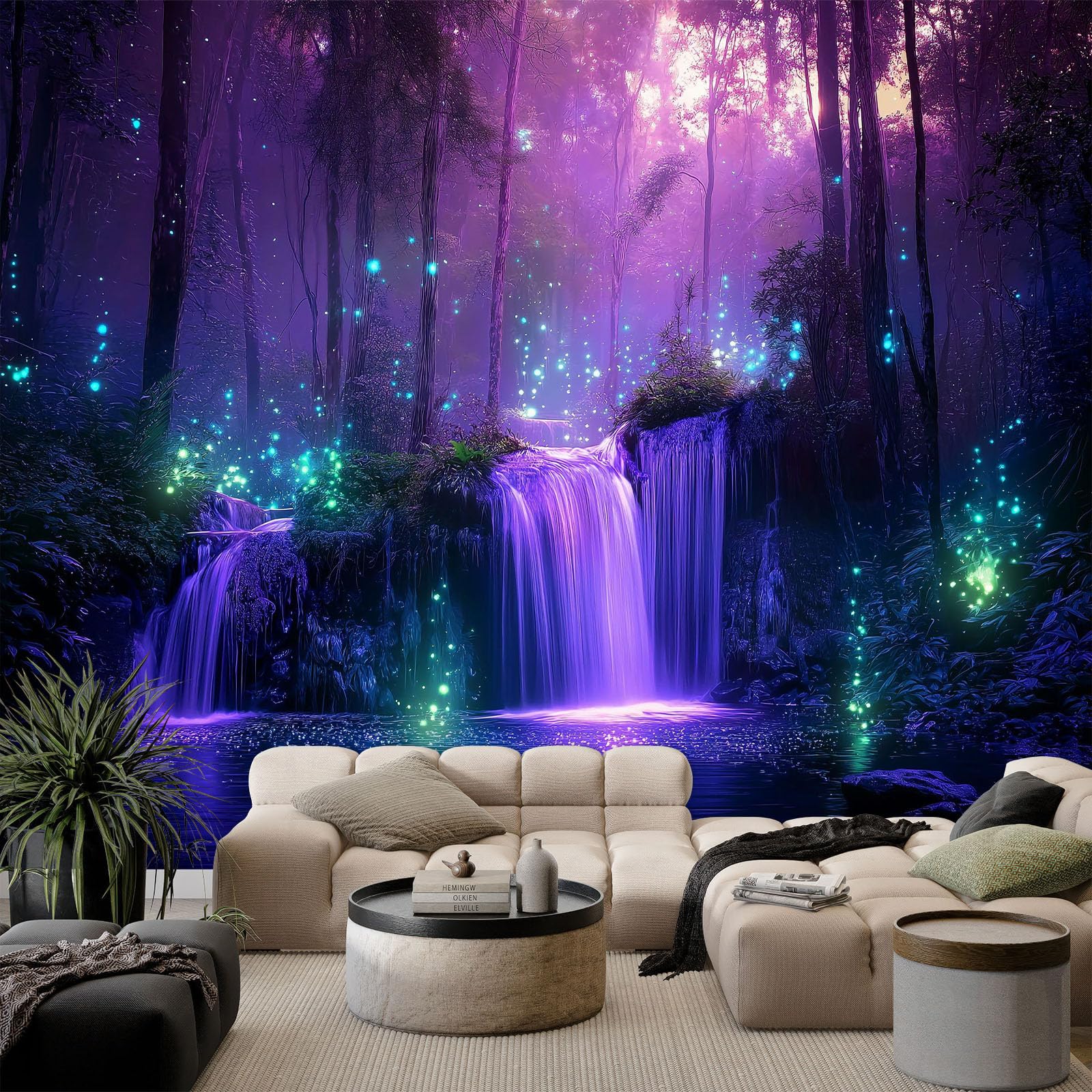 Fantasievoller Leuchtender Zauberwald Fototapete 350 x 256 cm (B x H) Vliestapete XXL Panorama Wandbild für Mädchen & Jungs Schlafzimmer Wanddekoration mit 3D Effekt, Lila