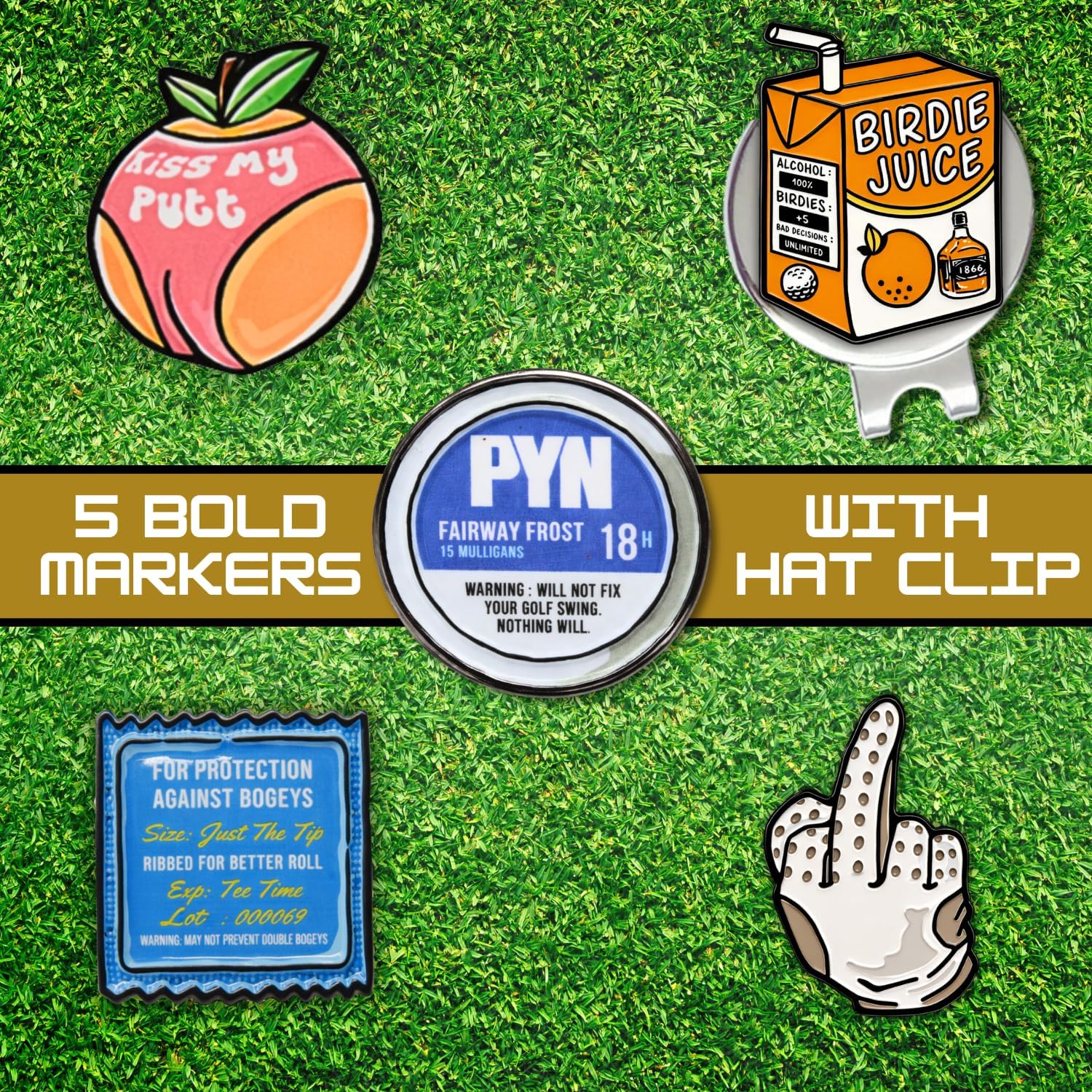 BRIMZ Golf Ball Marker Set – 5 Magnetic Funny Golf Ball Markers with Hat Clip for Convenient Access on The Course