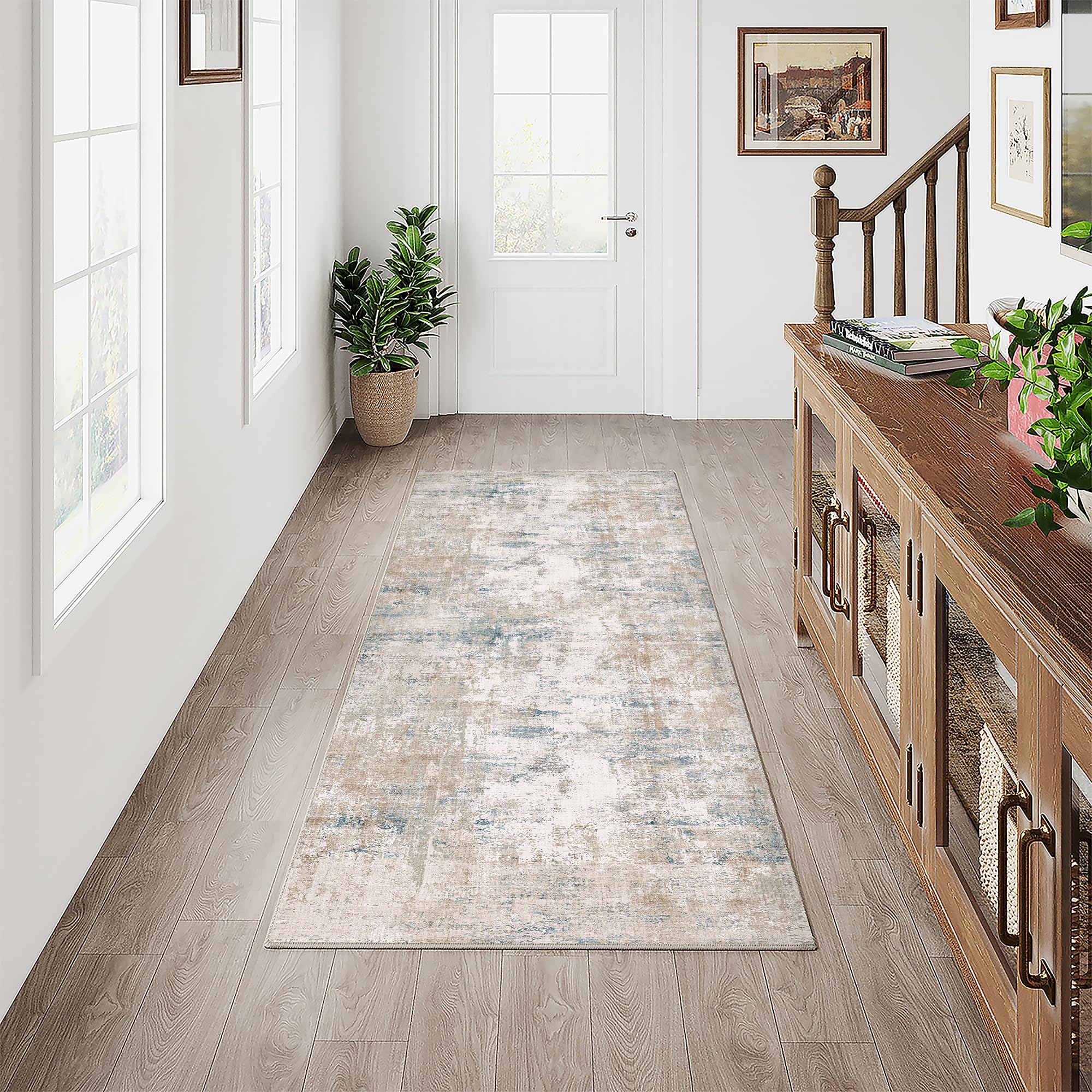 HUGEAR Washable Hallway Runner Rug 60x180cm Beige Blue Non Slip Abstract Natural Neutral Modern Long Carpet Runners Kitchen Bedroom Lounge Bedside Low Pile Carpets โ image 1