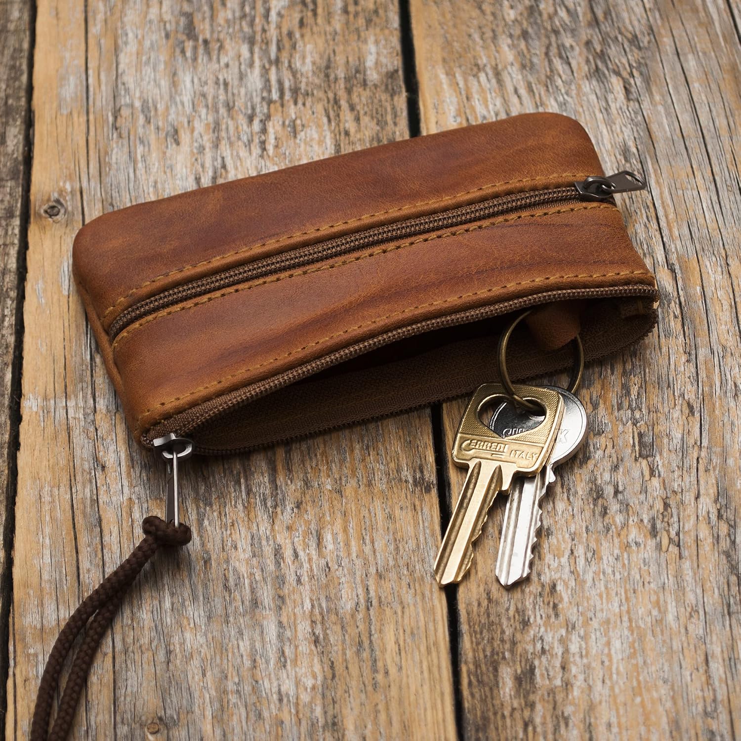Leather Keys Holder, Keychain Key Case Wallet Bag Zipper Pouch