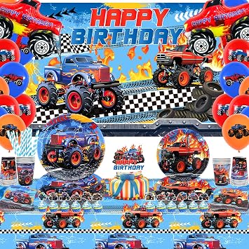 Monster Truck Birthday Party Supplies, Monster Truck Party Decorations Set including Backdrop, Plates, Cups, Napkins, Tablecloth, Balloons for Children birthday Party