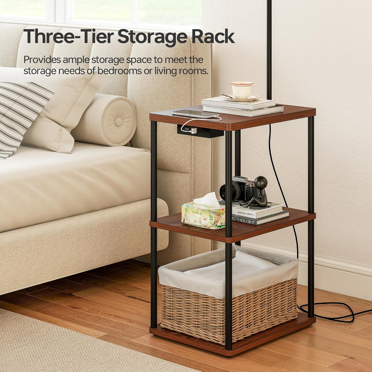 Floor Lamp with Charging Station, 3-Color Temperature LED Bulb (3000K Warm 4500K Natural 6000K Cool), Standing Light with USB & Type-C Ports, for Living Room Bedroom Office Dorm