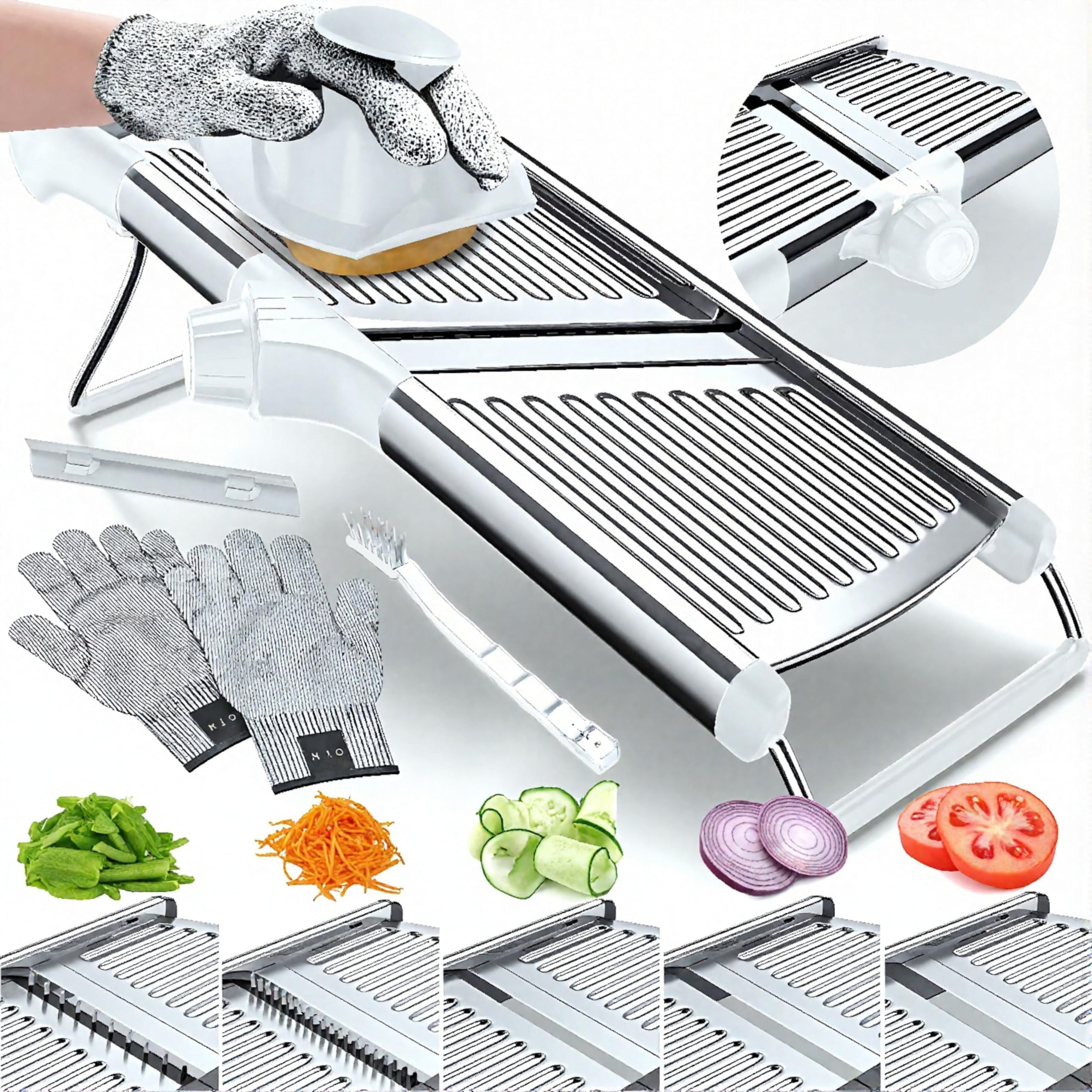 Gramercy - Mandolina ajustable para cocina, mandolina, patata, tomate, zanahoria, verduras, frutas y cebolla, acero inoxidable, incluye 1 par de guantes resistentes a cortes